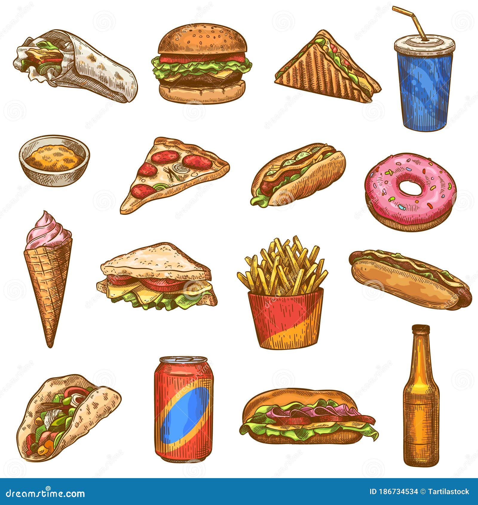Fast food and drinks sketch set Hand drawn vector design of fast food  street food for shop or cafe menu Stock Vector  Adobe Stock