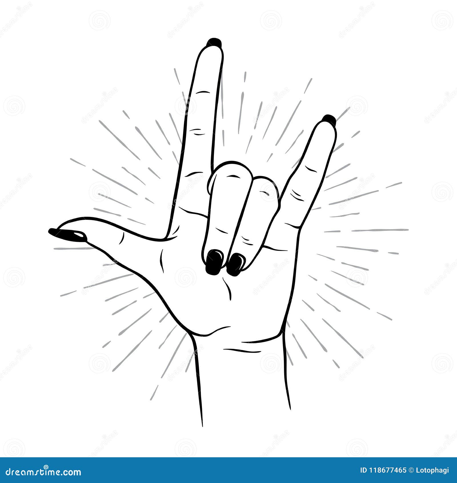 hand drawn female hand in rock gesture. flash tattoo, blackwork, sticker, patch or print   