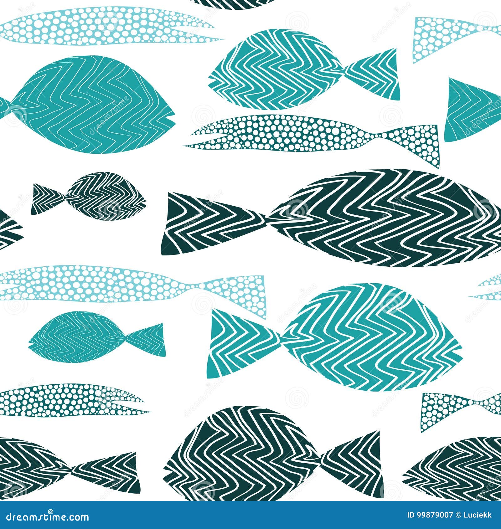 fish seamless pattern. various turquoise fish with stripes ans dots.   on white background