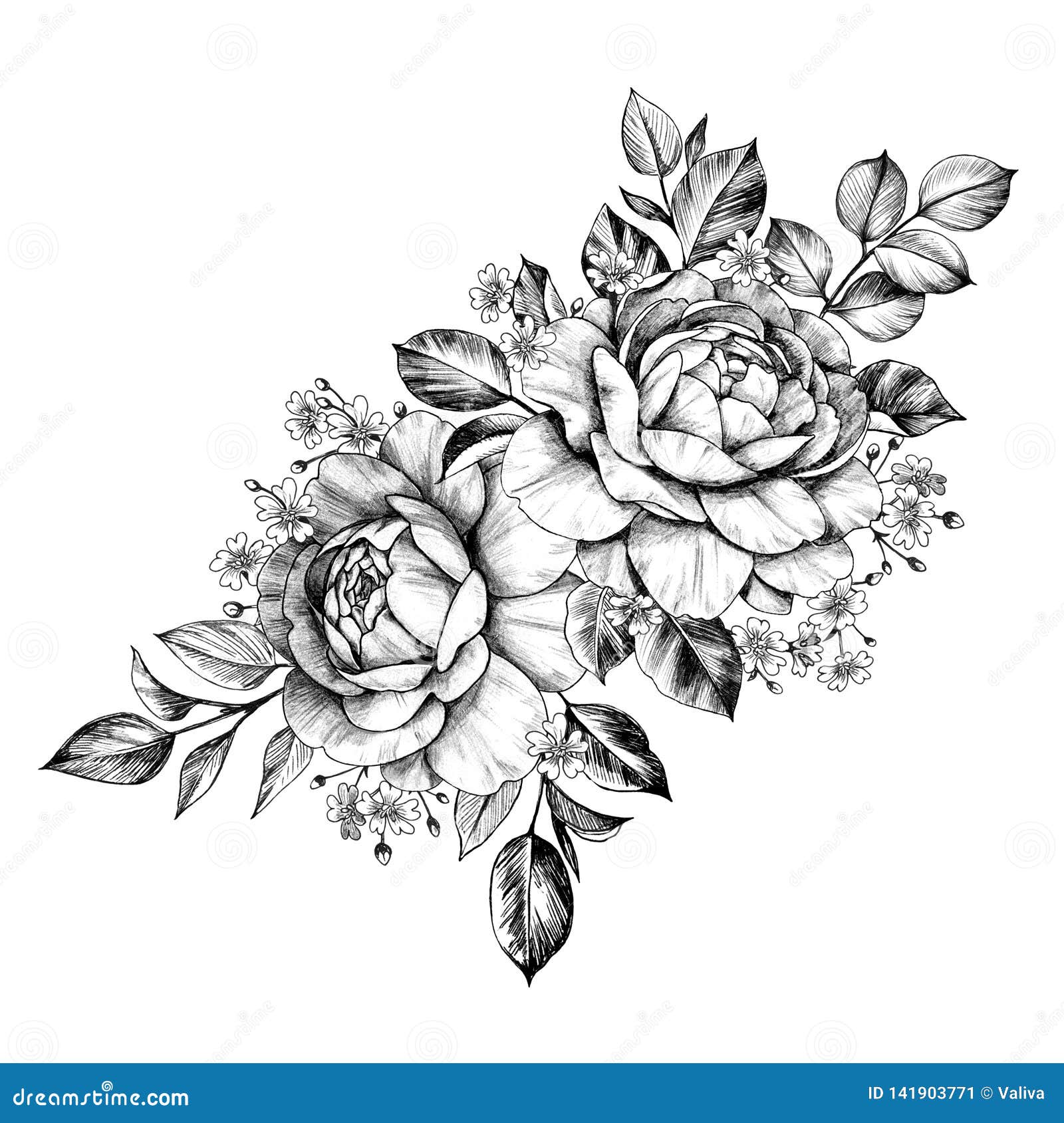 hand drawn floral bunch with roses and gypsophila