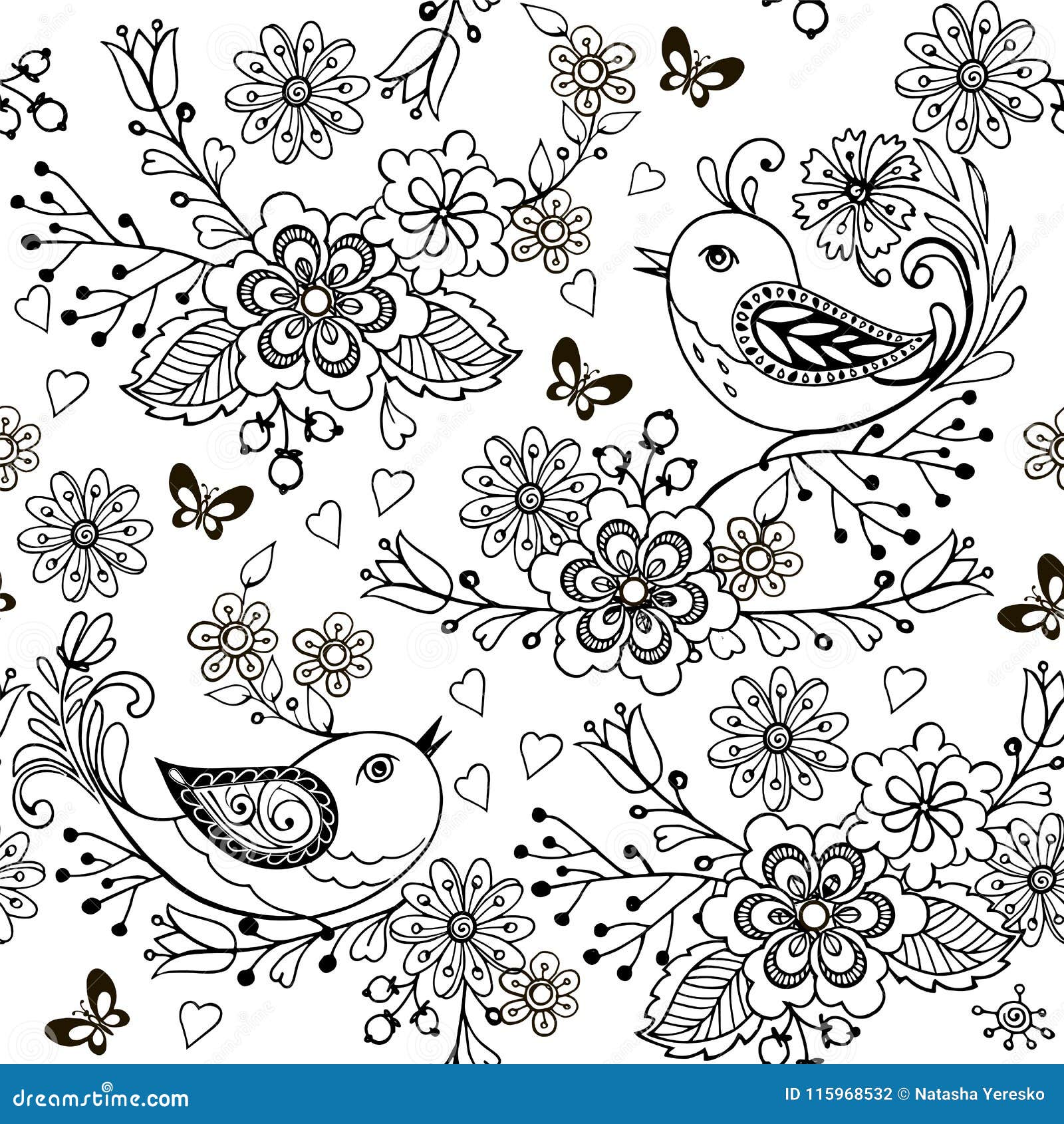 Hand Drawn Flowers and Birds for the Anti Stress Coloring Page. Floral ...