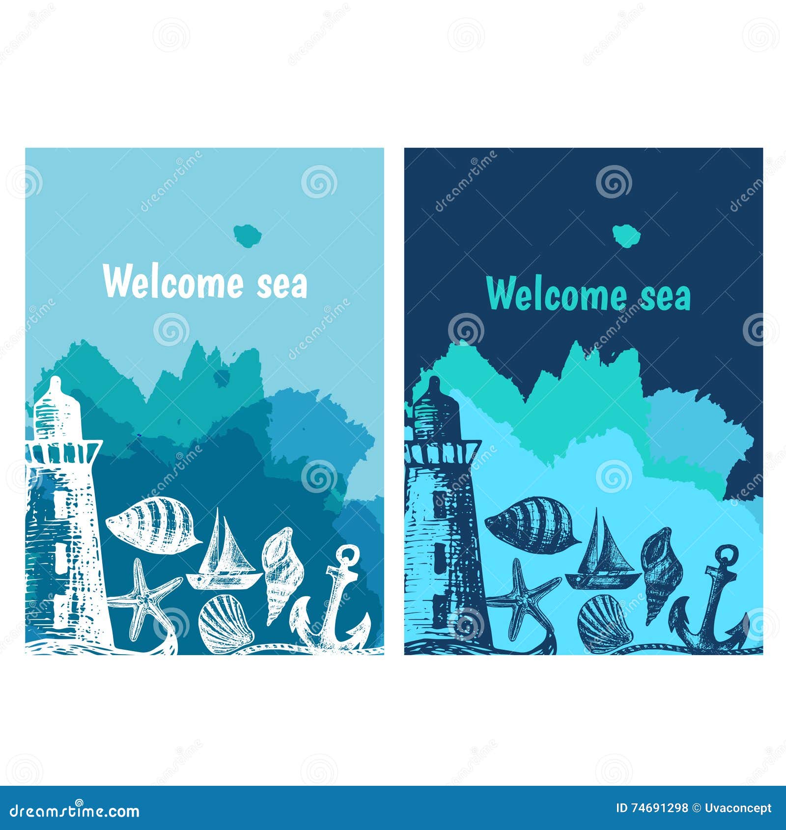 Hand Drawn Flyers with Sings on Theme Sea. Vector Stock Vector