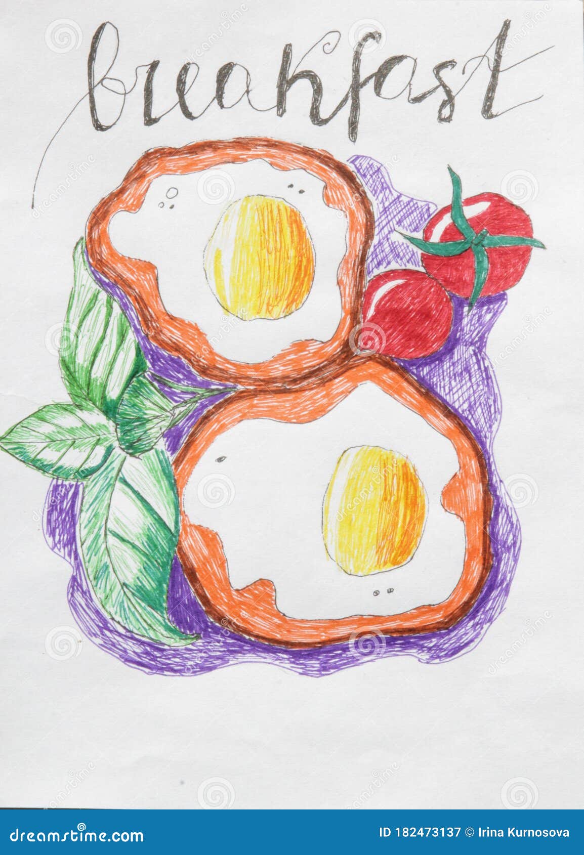 hand drawn fried egg with tomate and basilic. sketch style icon.