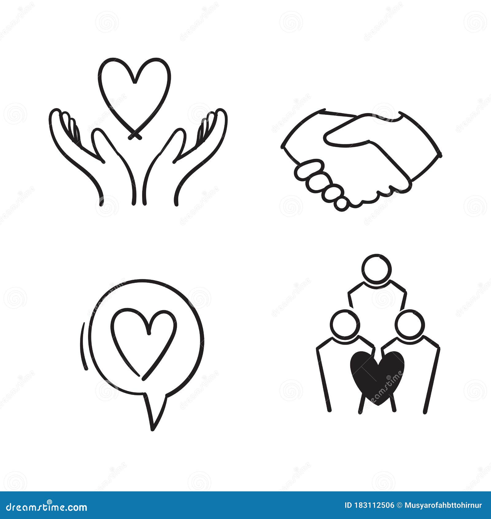 hand drawn friendship and love line icons. interaction, mutual understanding and assistance business. trust handshake, social