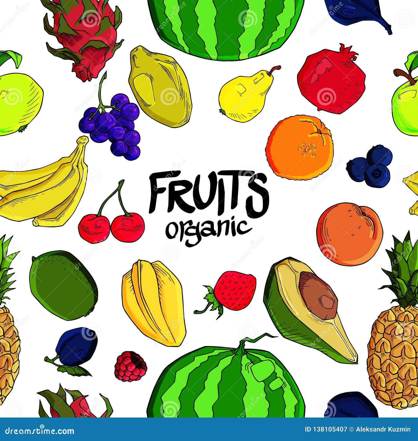 hand drawn fruit seamless pattern. healthy food frutis organic