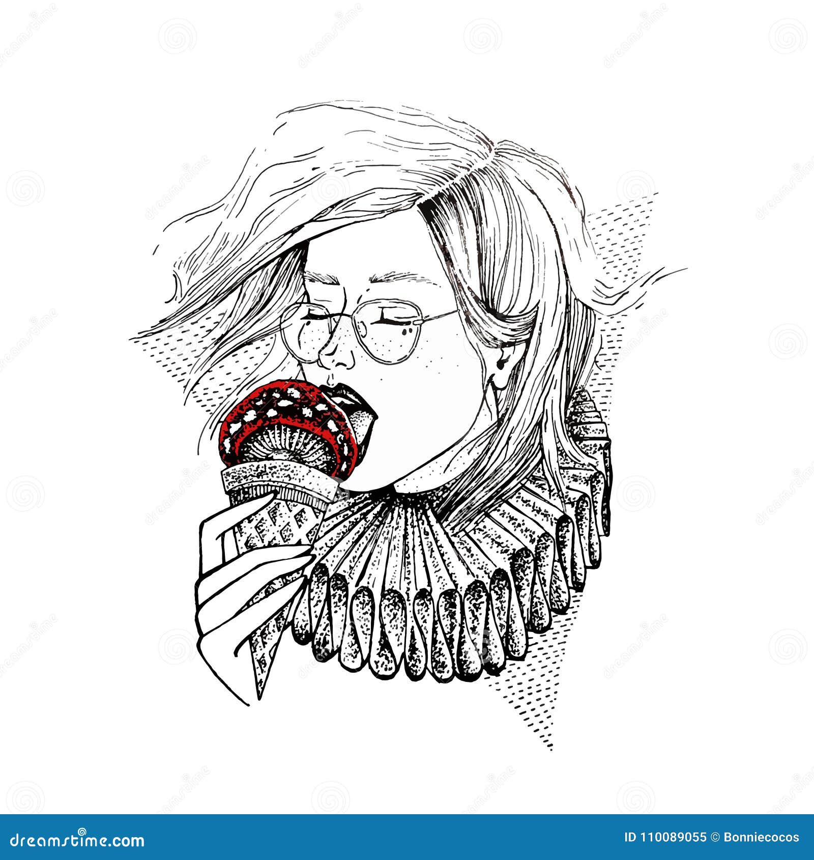 Hand Drawn Girl in Glasses Eat Mushroom in View of Icecream. Poison Eat ...