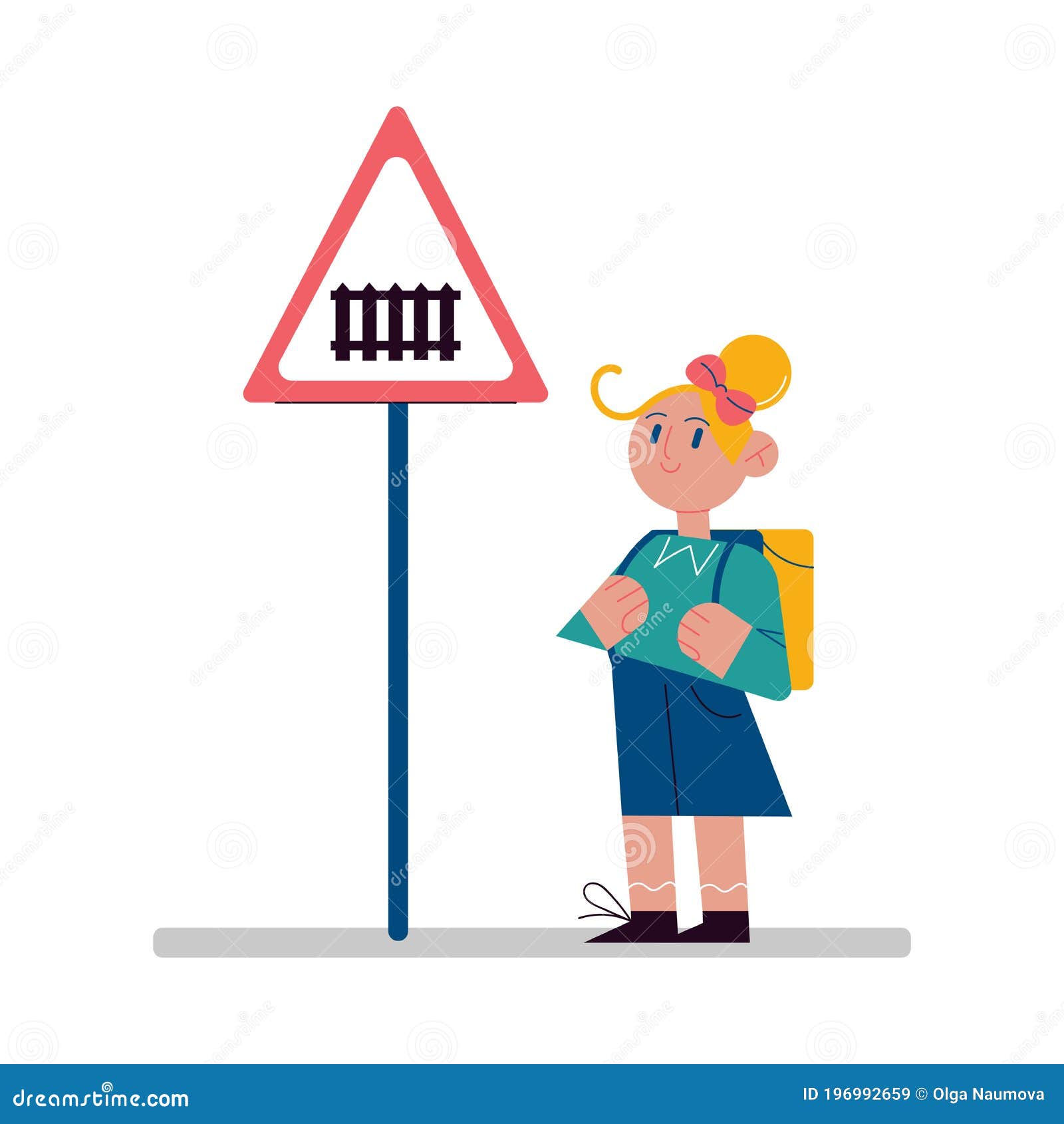 Girl Looking At Level Crossing Warning Sign With Barrier And Memorizing Traffic Rule Sign Stock Vector Illustration Of Pupil Danger