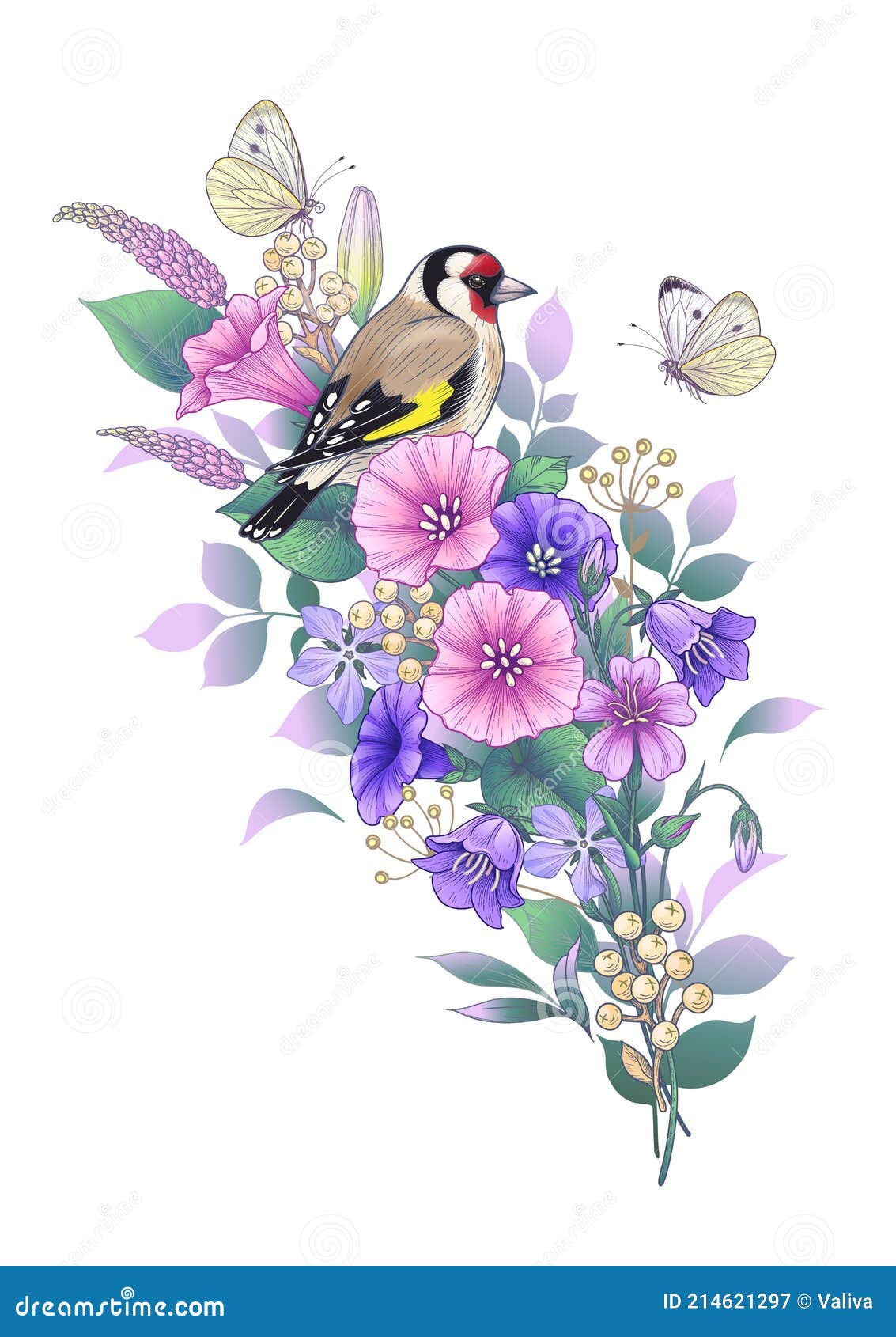 goldfinch, butterflies  and wildflowers bouquet