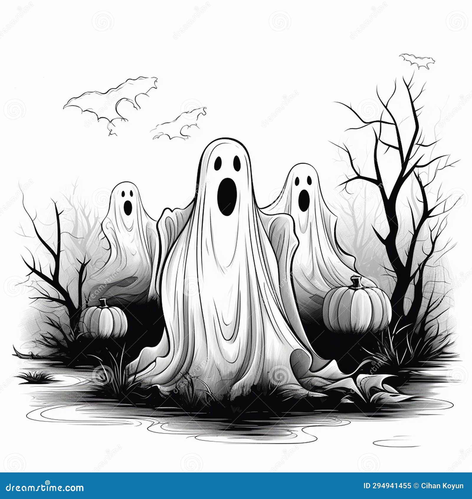 HandDrawn Halloween Ghost Characters Artistic Presence Stock