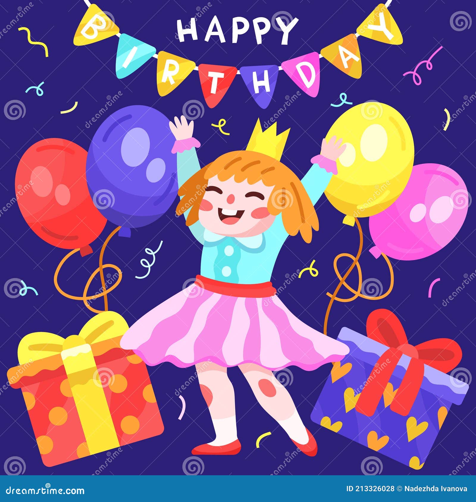 Hand Drawn Happy Birthday Illustration with Girl and Balloons Vector ...