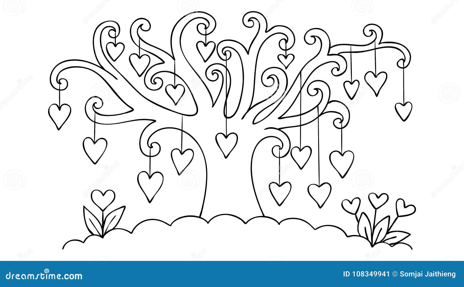 Download Hand Drawn Hearts Hanging On The Tree Design For Valentine Or Wedding Card And Coloring Book ...