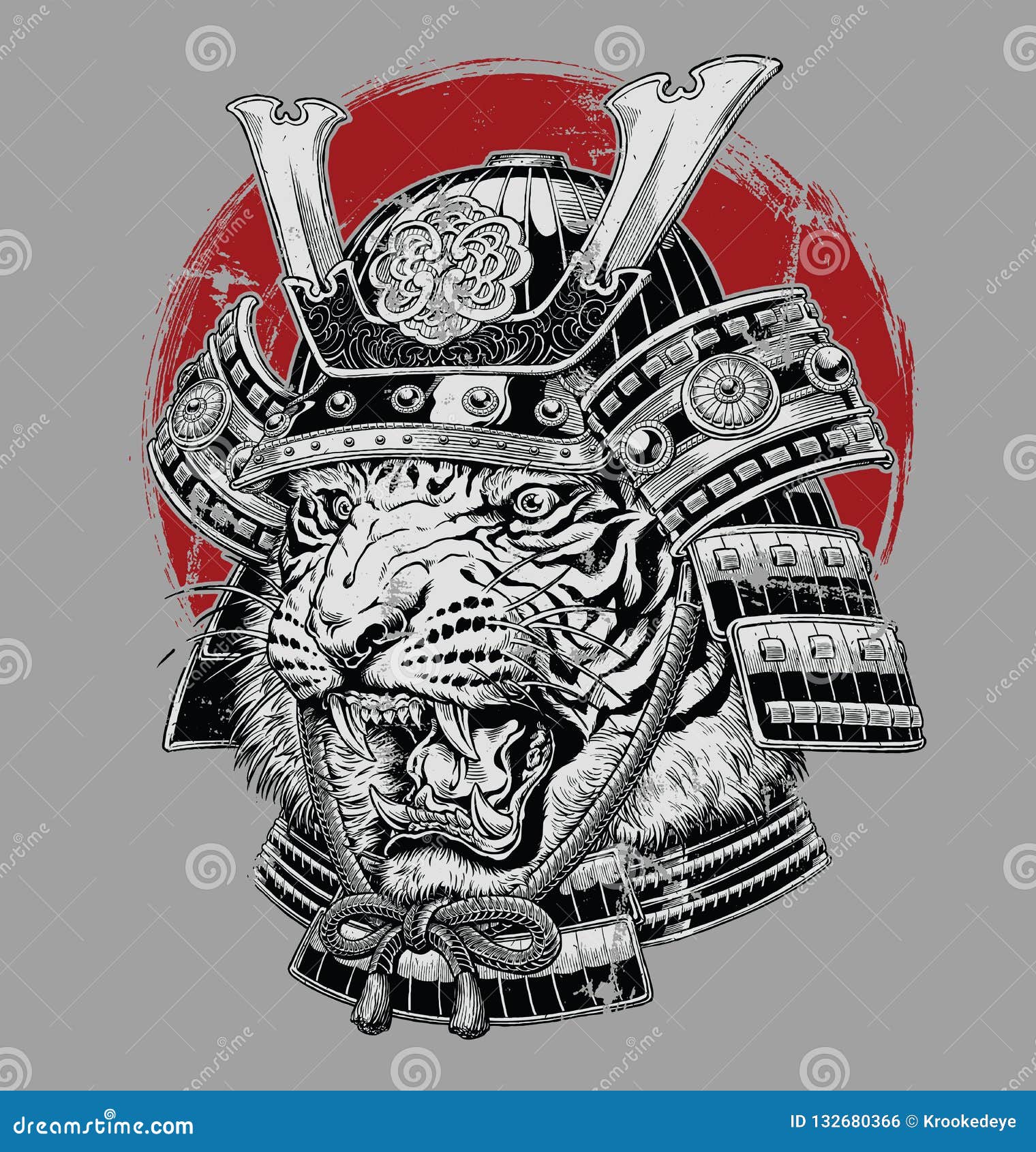 hand drawn highly detailed japanese tiger samurai   on grey ground