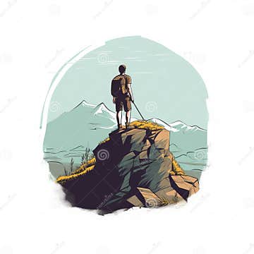 Hand-drawn Hiking Character on Mountain Top Vector Illustration Stock ...