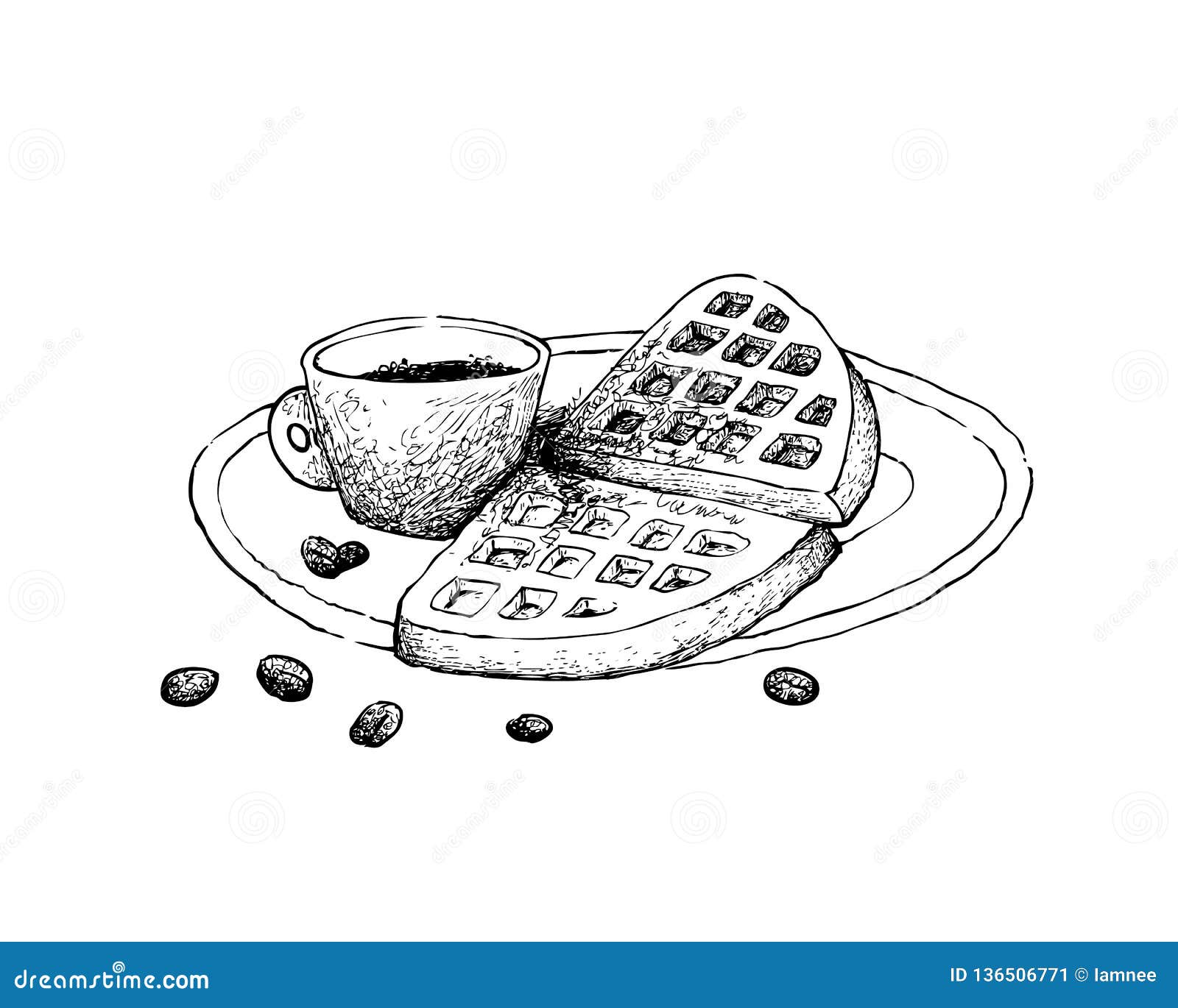 Hand Drawn Of Hot Coffee With Waffles Stock Vector Illustration Of Circle Hand