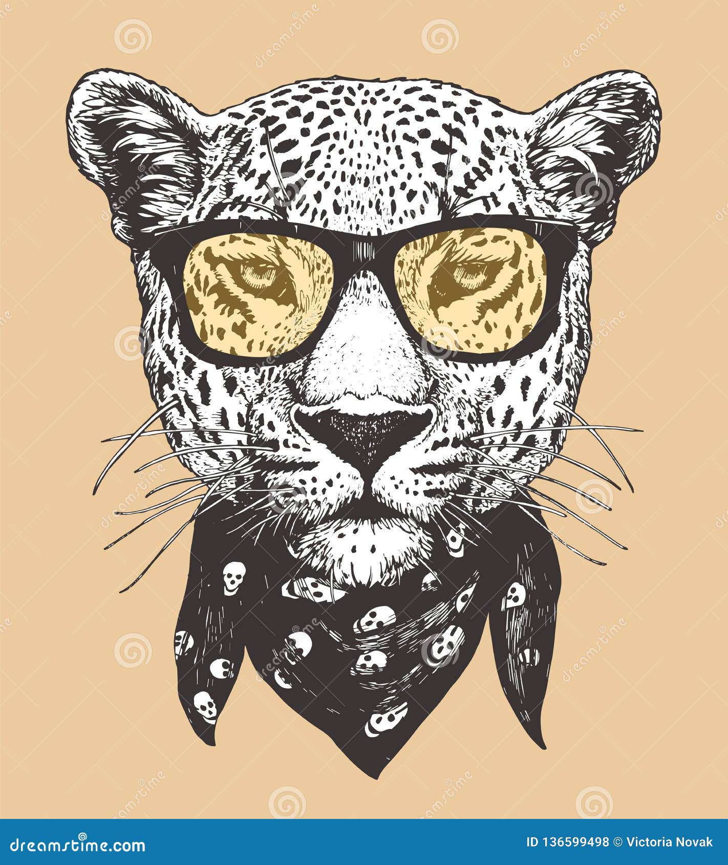 Portrait of Leopard with Glasses and Scarf, Hand-drawn Illustration ...