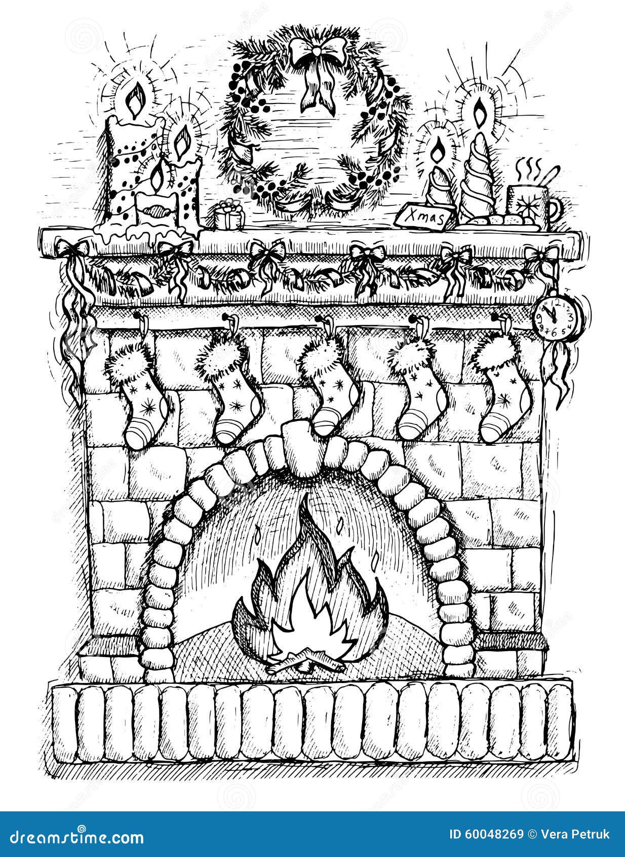 Hand Drawn Illustration Of Christmas Fire Place Stock