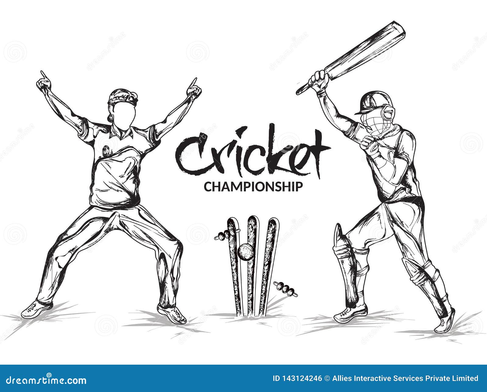 Hand Drawn Illustration Of Cricket Players In Playing Action For