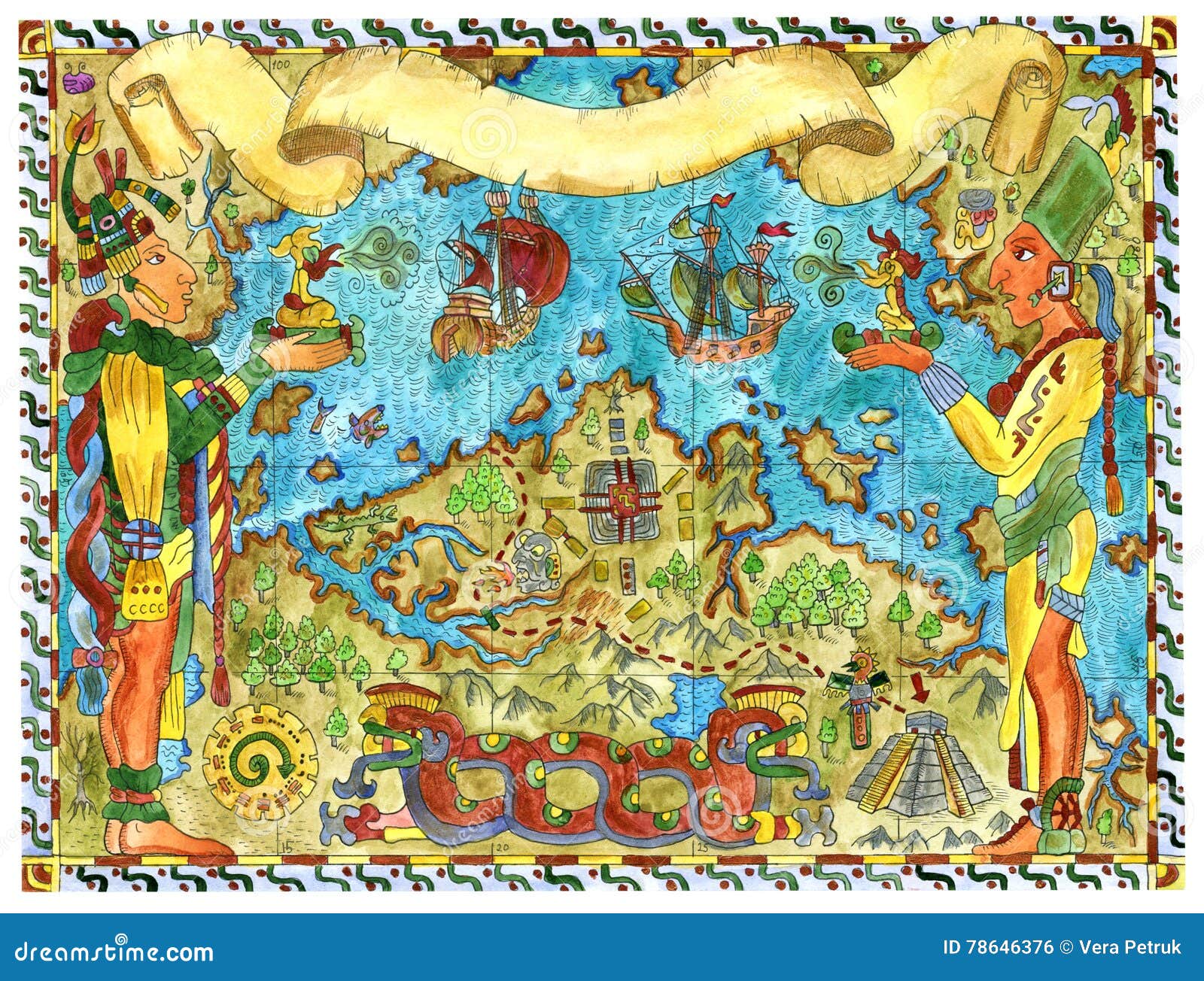 hand drawn  with pirate map of maya and aztecs treasures