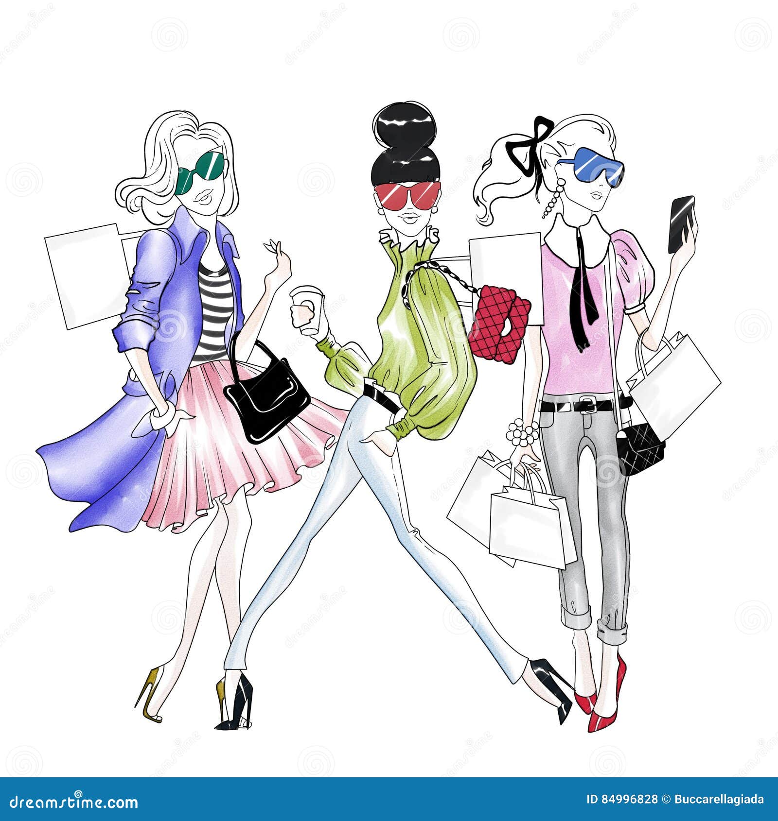 hand drawn  - pretty fashion girls doing shopping