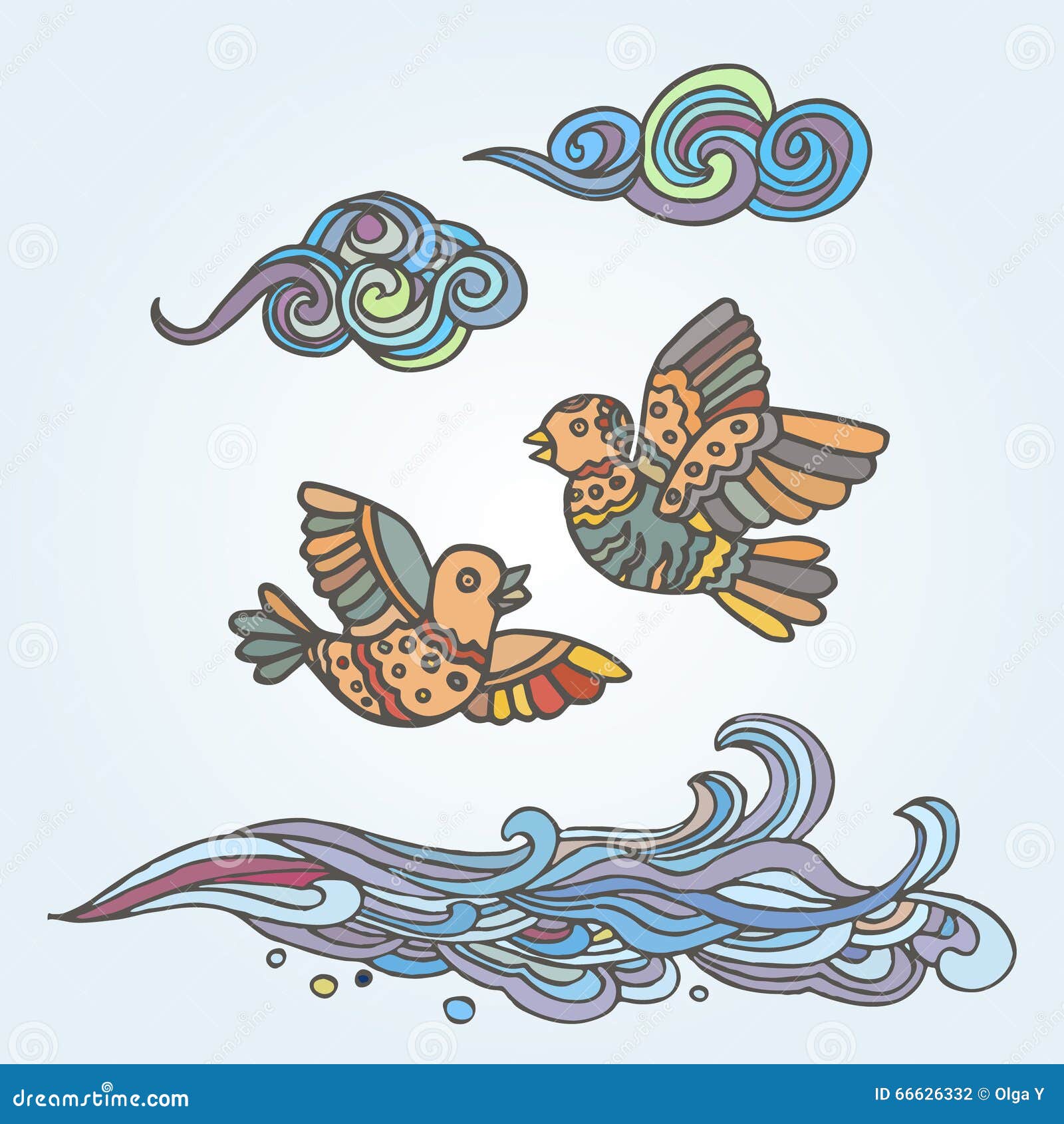 Hand-drawn Illustration of Two Flying Birds and Clouds Decorative Stock