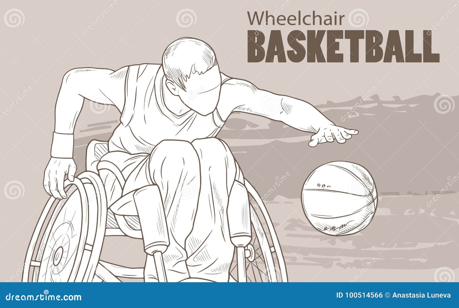 hand drawn . wheelchair basketball.  sketch sport. graphic silhouette of disabled athlete with a ball