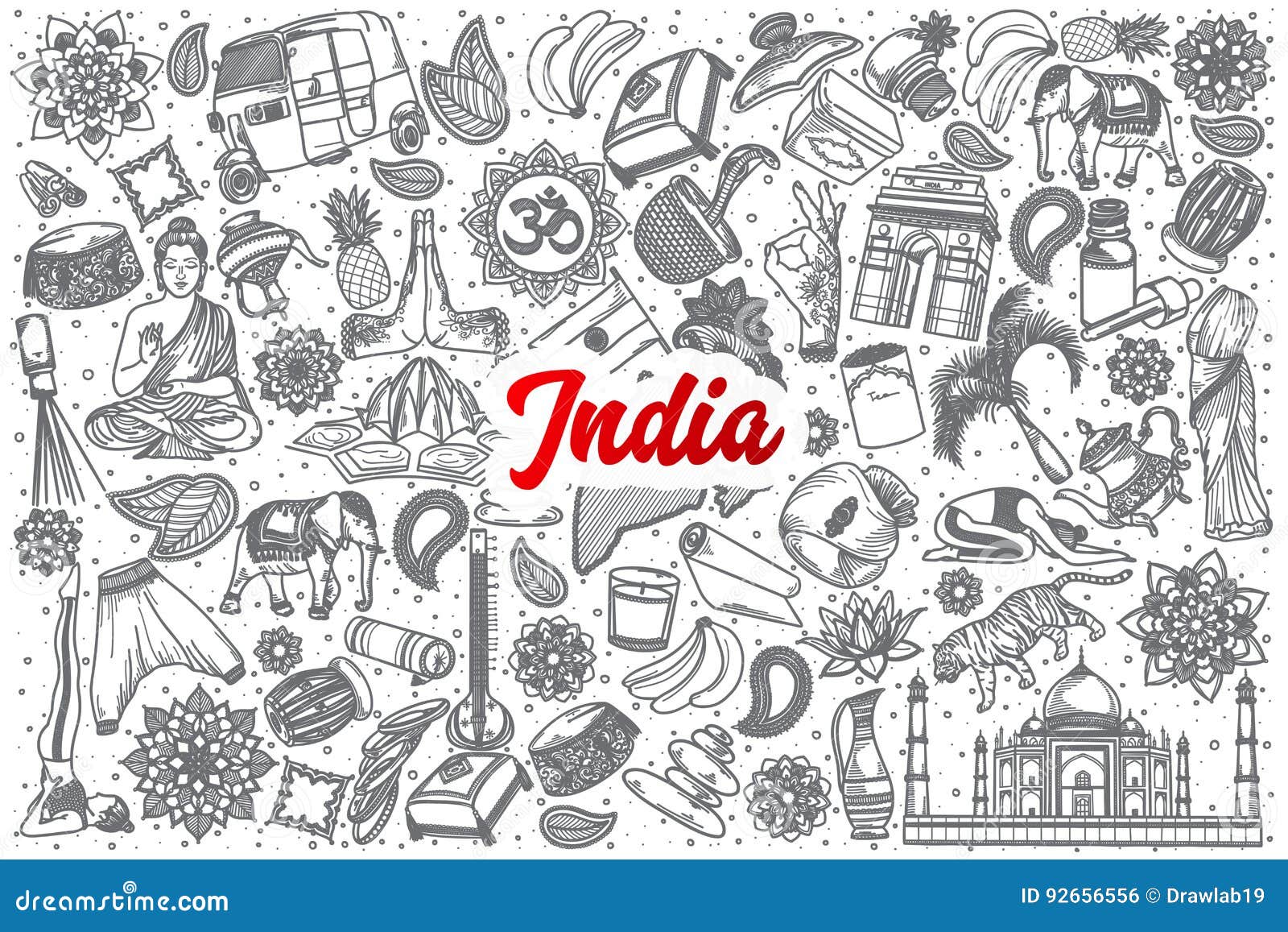 Hand Drawn India Doodle Set with Lettering Stock Vector Illustration