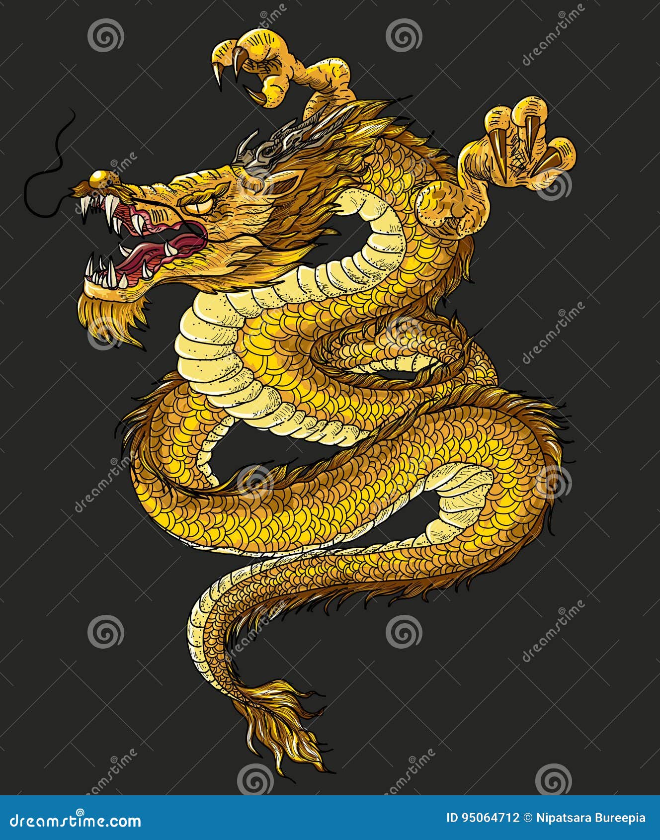 Hand Drawn Gold Dragon Japanese Tattoo Style on Black Background Stock  Vector  Illustration of chinese dragon 98408215