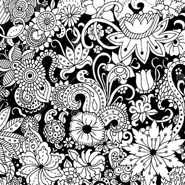 Hand Drawn with Ink Background with Doodles, Flowers, Leaves. Stock ...