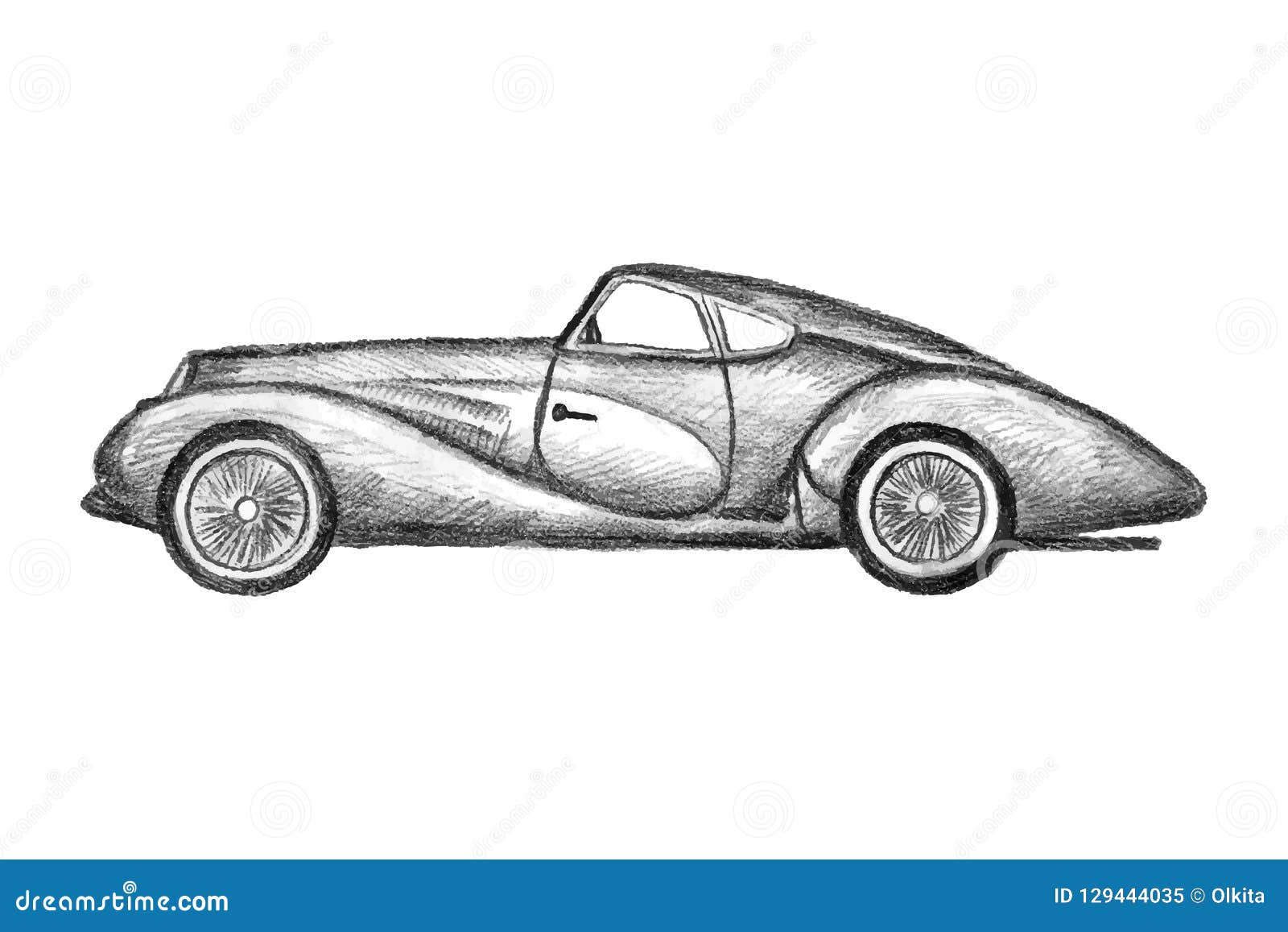 hand drawn invented retro car. black pencil drawing on white background. hardtop, sedan sport car.