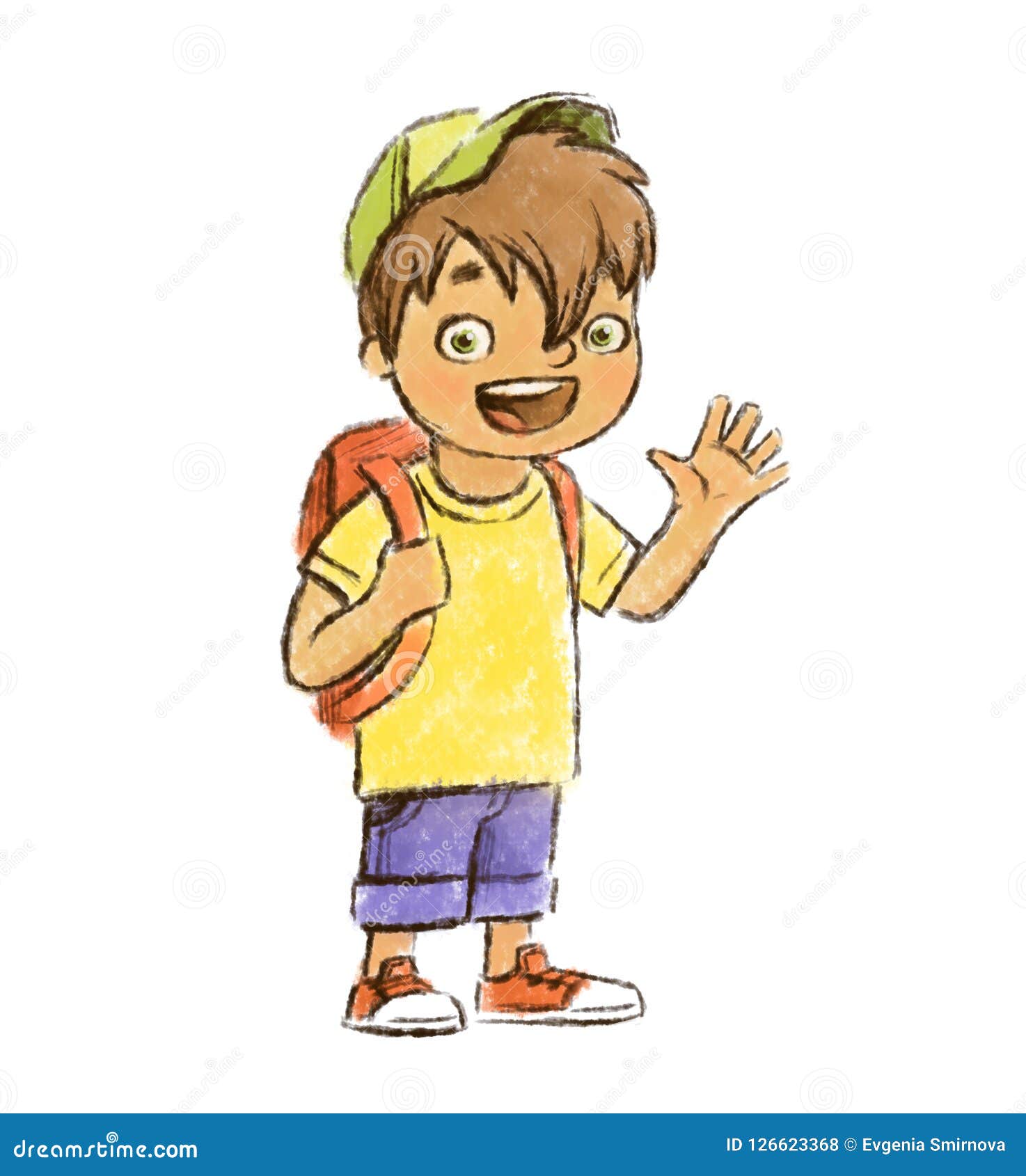 Hand Drawn Joyful Good Cartoon Young Boy Waving Hand Isolated On The White Background. Stock Illustration - Illustration Of Backpack, Friend: 126623368