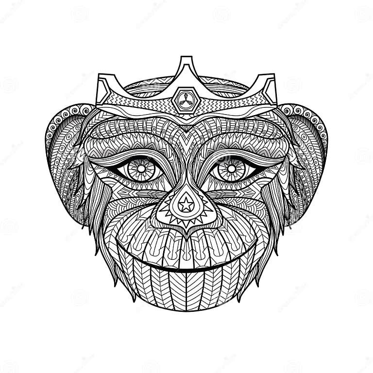 Hand Drawn King of Monkeys Coloring Page. Stock Vector Illustration