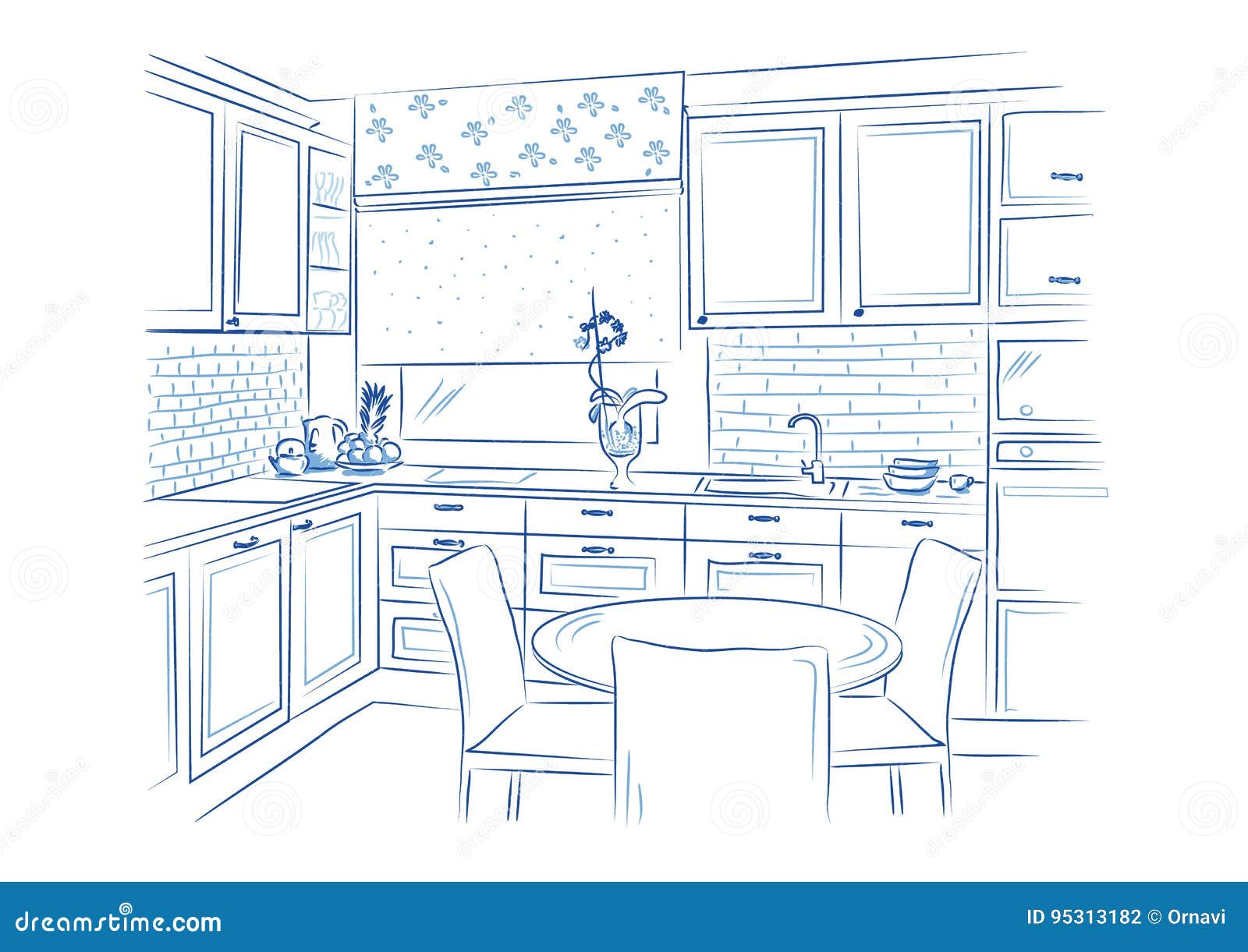Hand Drawn Kitchen Interior Sketch Design. Vector Illustration Stock