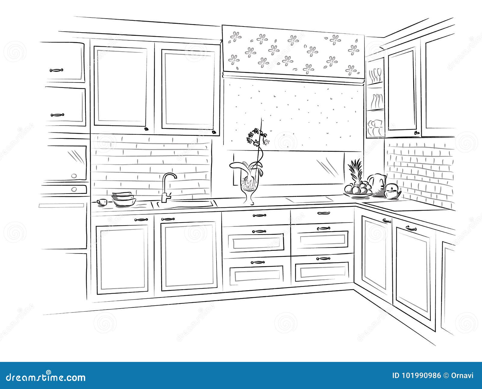 Hand Drawn Kitchen Interior Sketch Design. Vector Illustration Stock