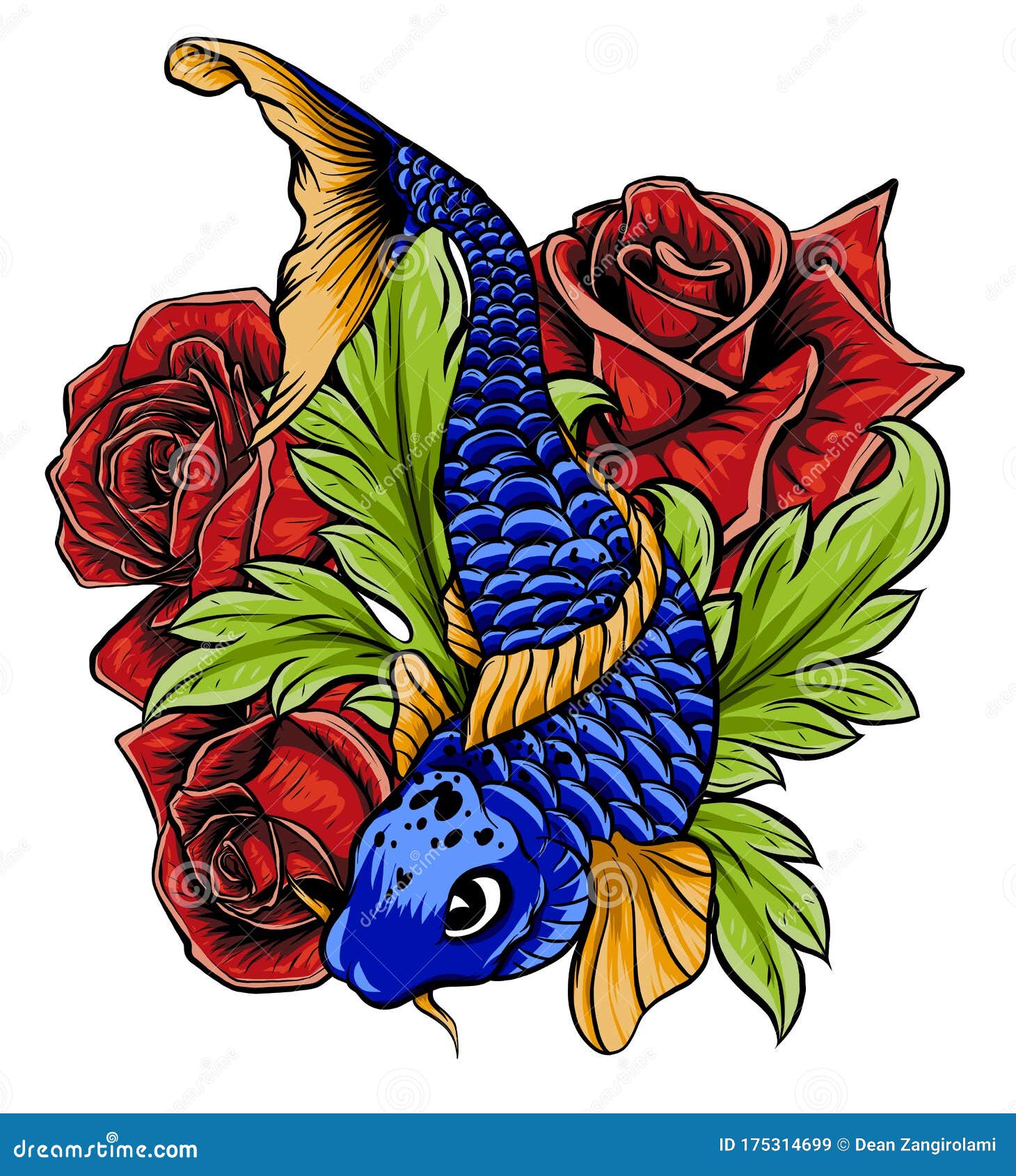 Hand Drawn Koi Fish with Flower Tattoo for  Koi Carp with Water  Splash Stock Vector - Illustration of black, isolated: 175314699