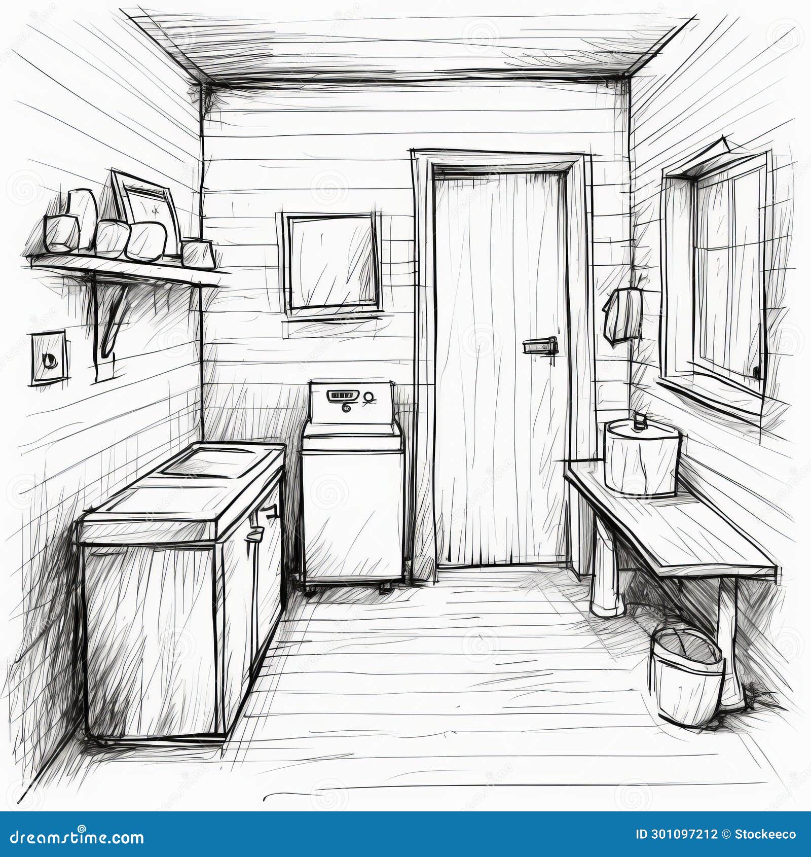 hand drawn laundry room sketch: realistic scenery for 2d game art