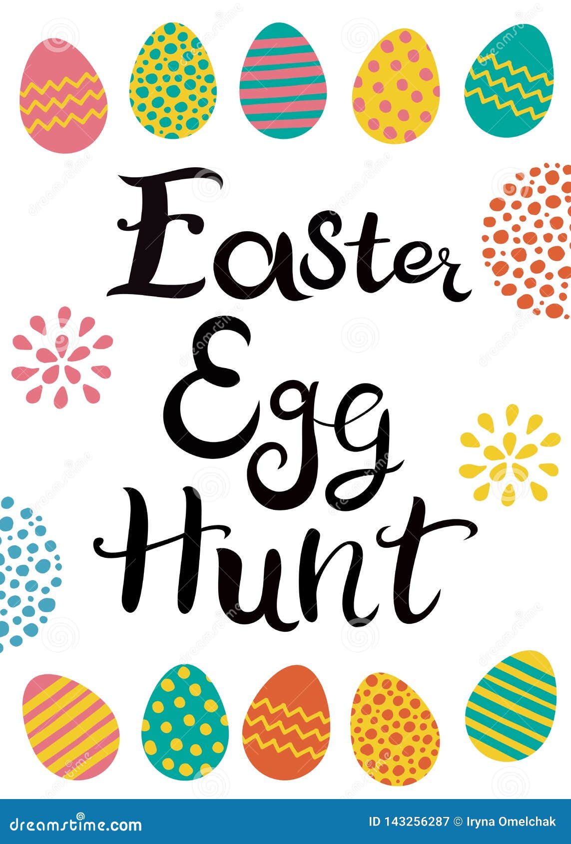 hand drawn lettering. easter egg hunt. easter eggs with different hand drawn ornaments.