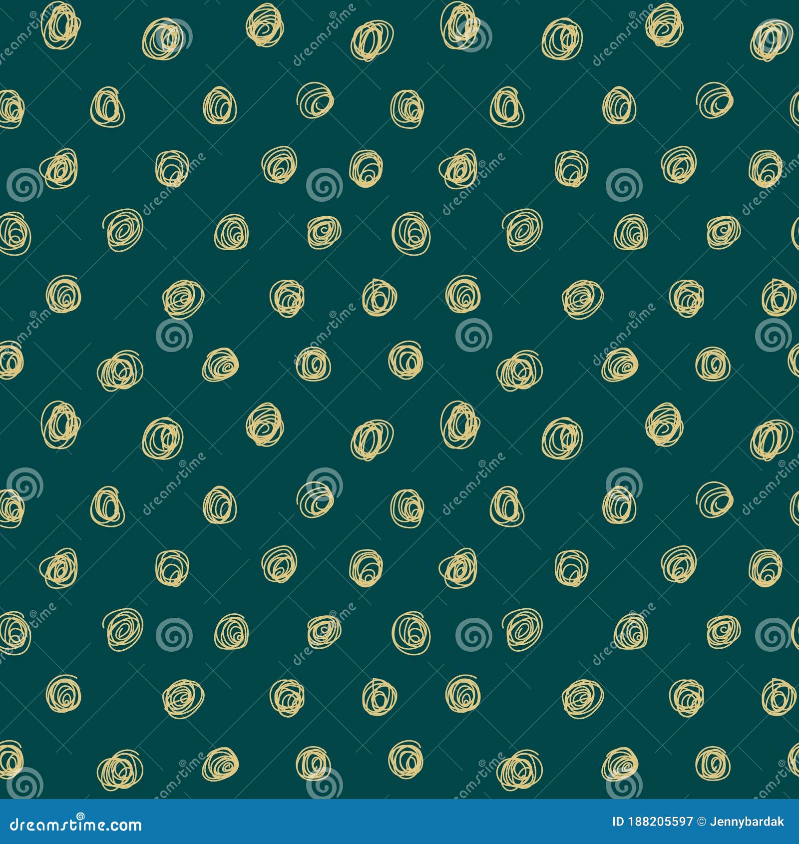 Hand Drawn Light Yellow Spirals on Emerald Green Background, Vector