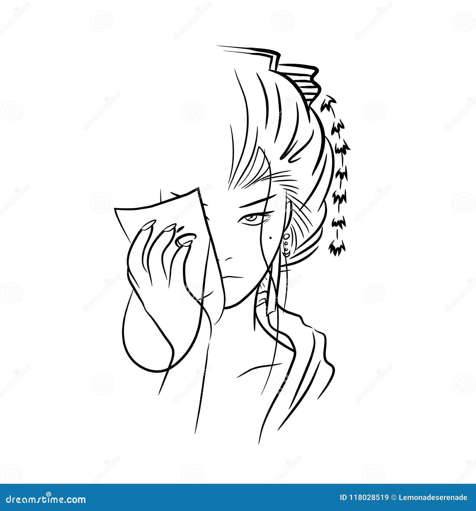 Hand Drawn Line Art Cartoon Illustration of a Beautiful Geisha Covers Half of Her Face with a Mask. Stock Vector - Illustration of drawn, hairstyle: 118028519 Hand Drawn Line Art Cartoon Illustration of a Beautiful Geisha Covers Half of Her Face with a Mask. Stock Vector - Illustration of drawn, hairstyle: 118028519