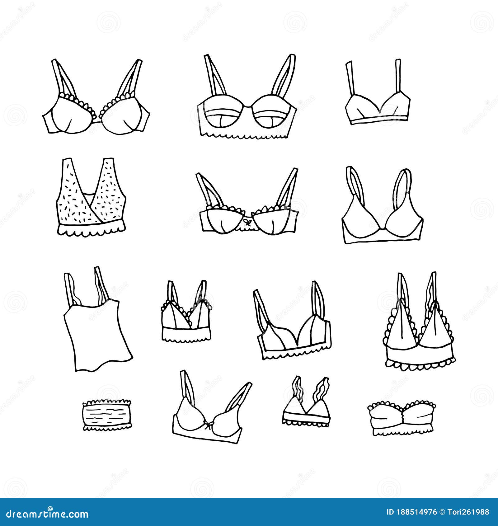 Female underwear collection in hand drawn doodle style. Female