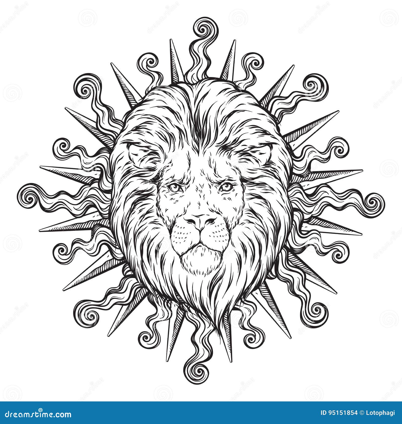 Hand Drawn Lion Head in Sun Rays Isolated Over White Background Vector  Illustration. Flash Tattoo or Print Design Stock Vector - Illustration of  graphic, mammal: 95151854