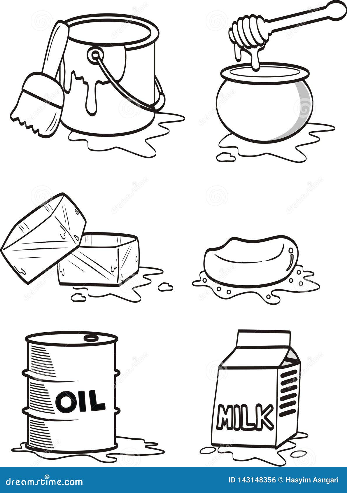 Liquid Spilled and Melted from Several Objects on White Background