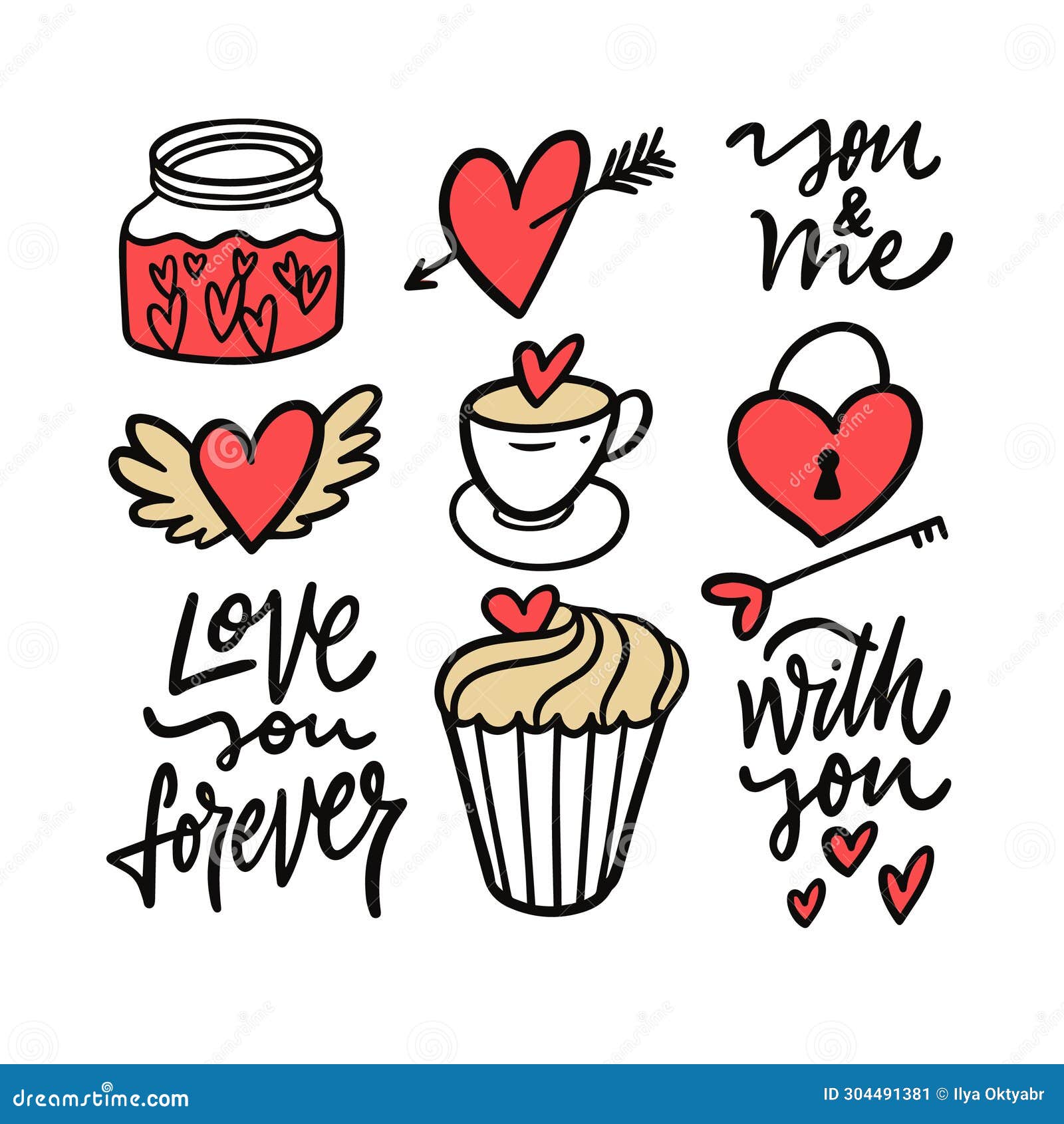 Hand Drawn Love Set Icons Doodle Style Elements. Stock Illustration