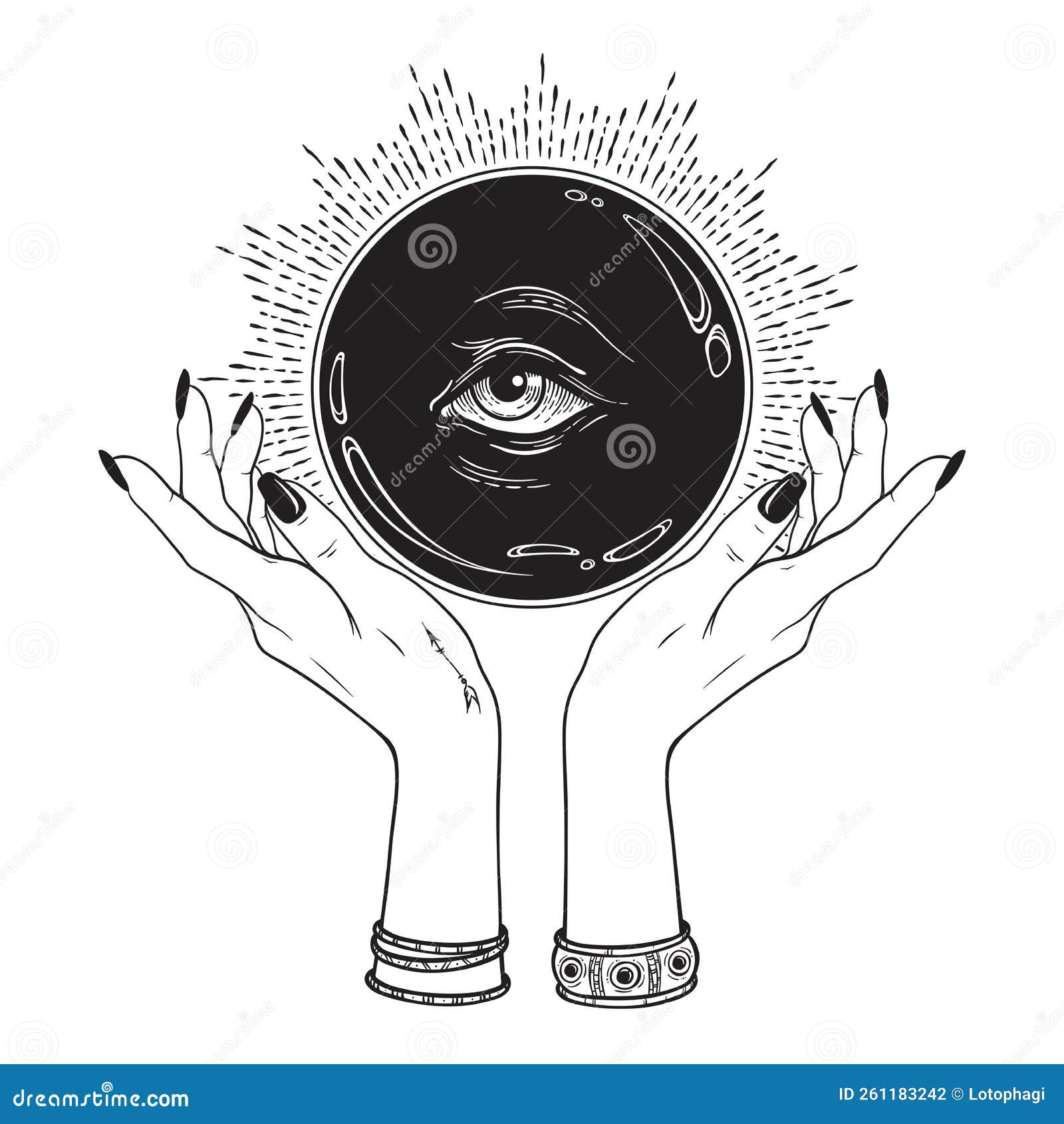 Hand Drawn Magic Crystal Ball with Eye of Providence in Hands of Fortune Teller. Boho Chic Line Art Tattoo, Poster or Altar Veil Stock Vector - Illustration of design, engraving: 261183242