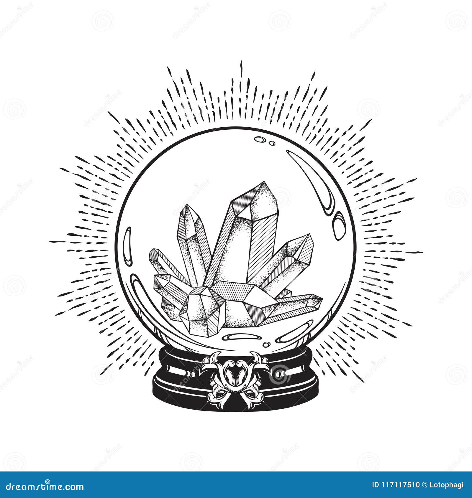 Hand Drawn Magic Crystal Ball with Gems Line Art and Dot Work. Boho Chic Tattoo, Poster or Altar Veil Print Design Vector Illustra Stock Vector - Illustration of etching, eclectic: 117117510