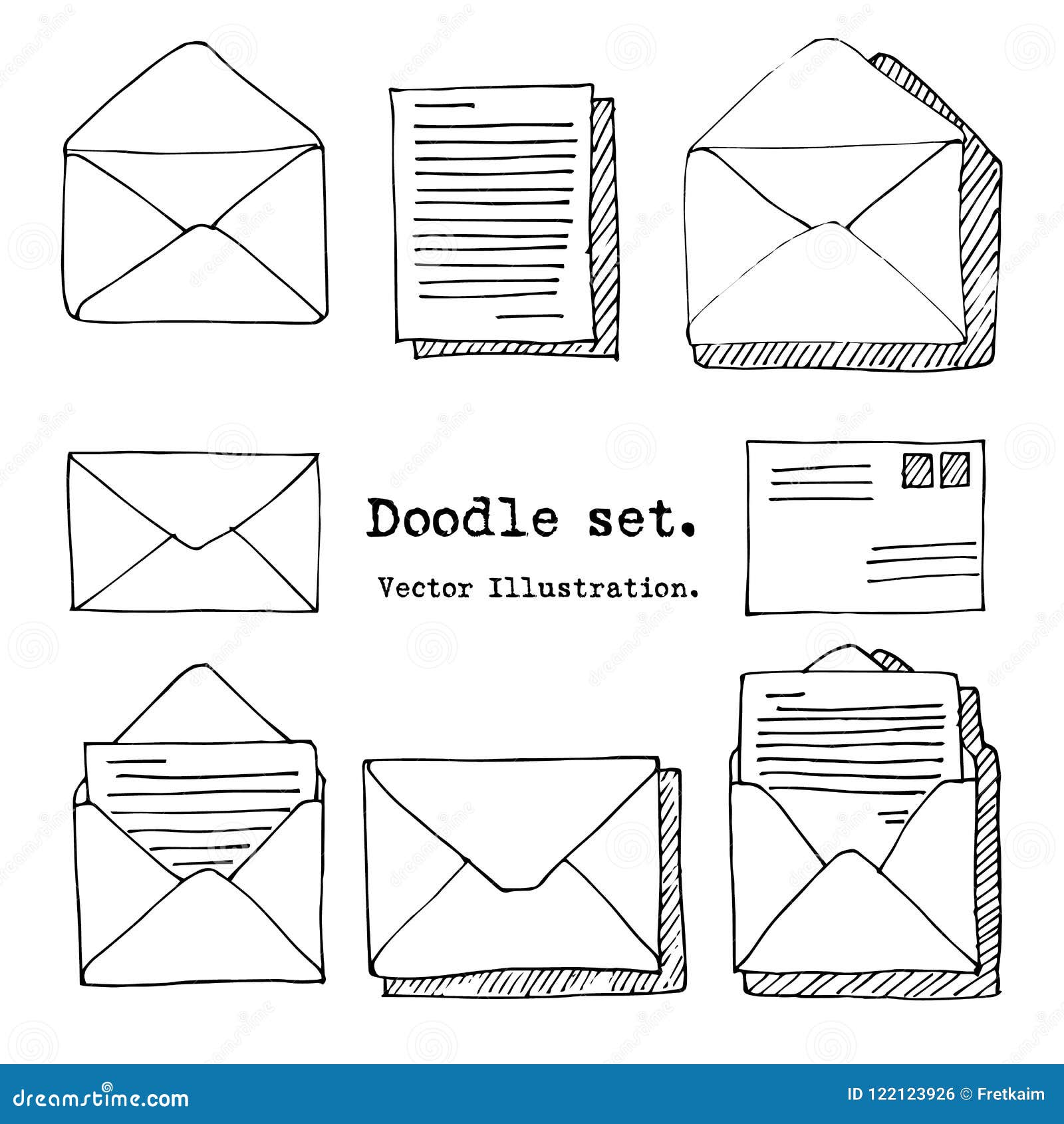 Hand Drawn Mail, Post, Letter Set. Vector Illustration. Doodle Elements