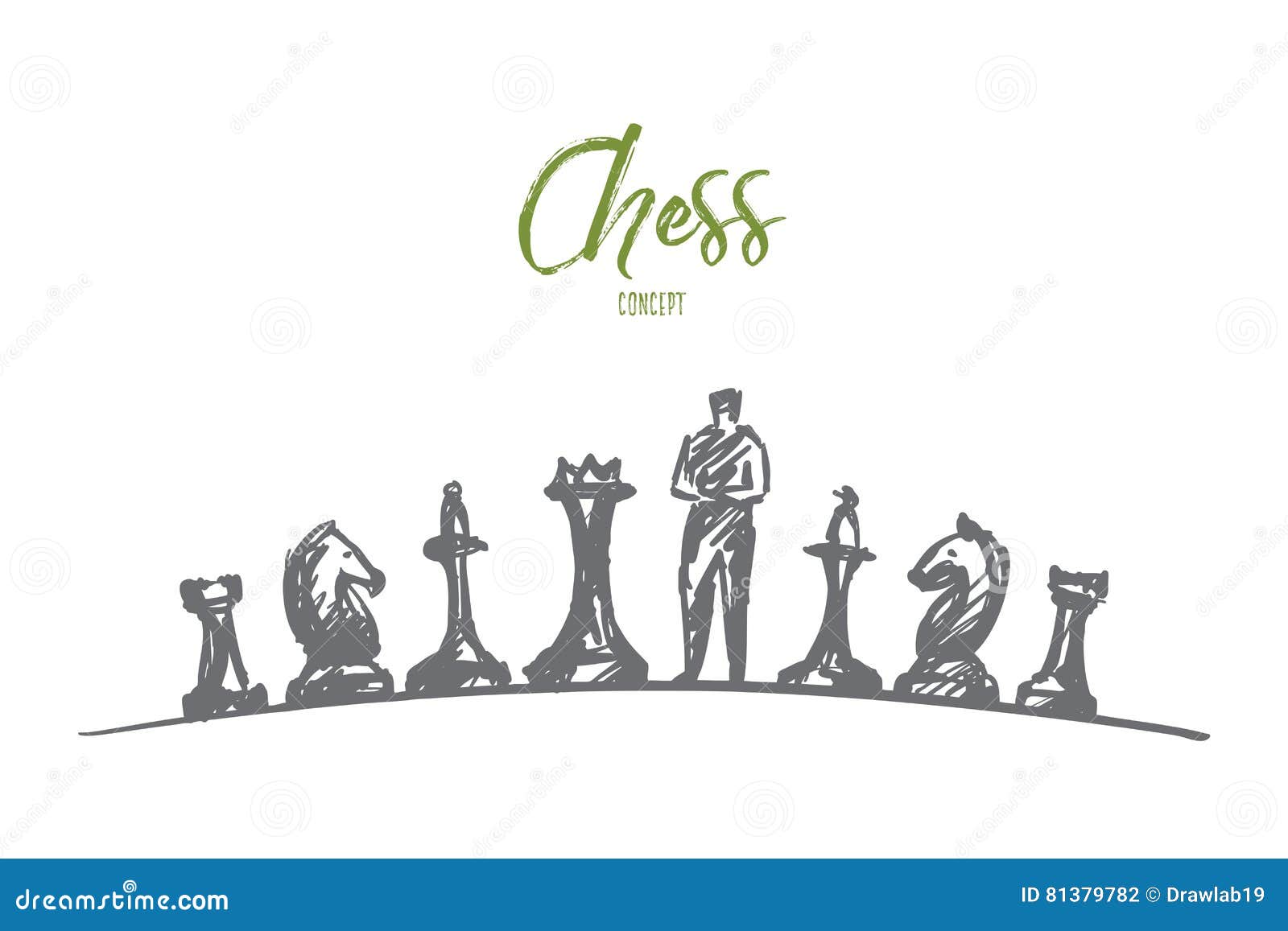 Hand Drawn Man Standing Between Chessmen Stock Vector
