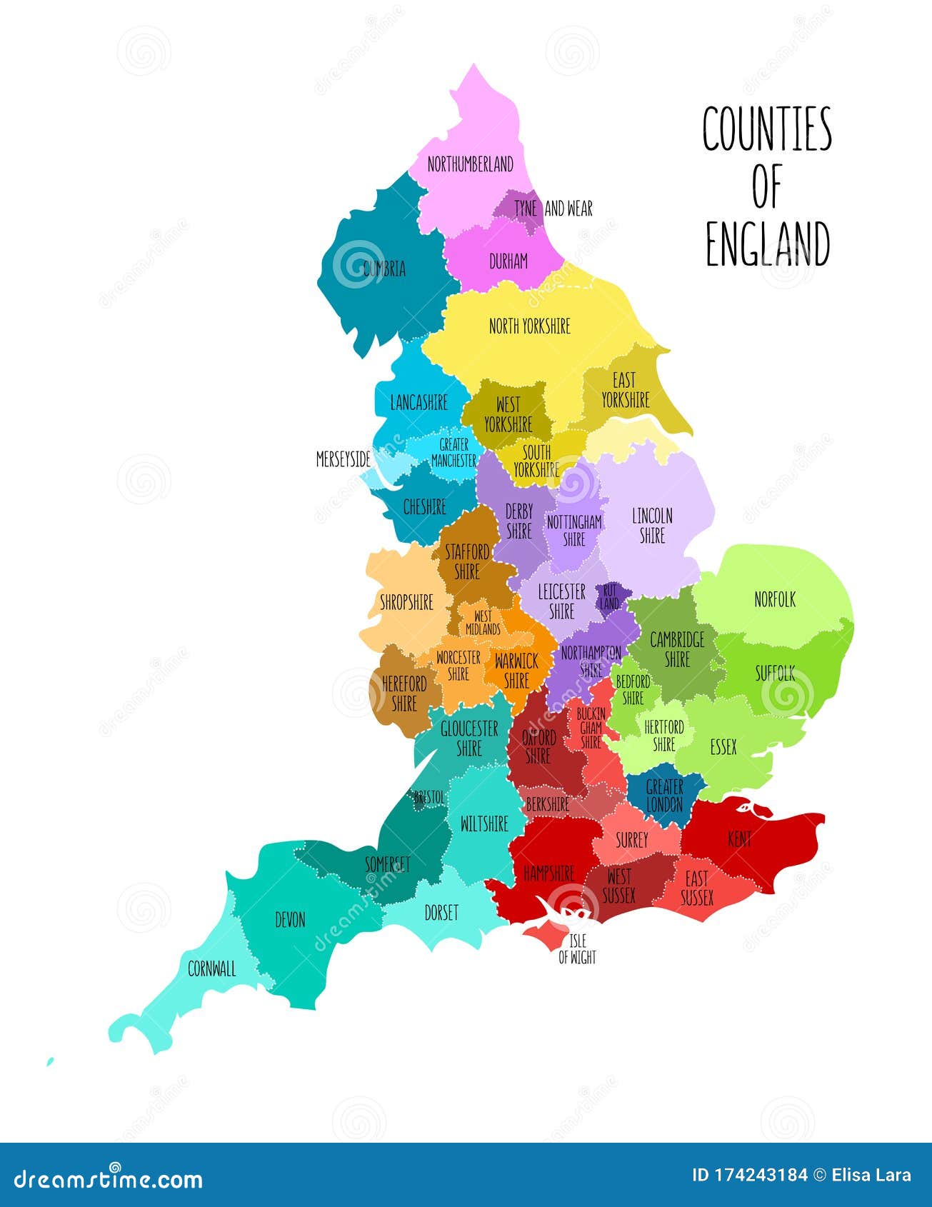 Hand Drawn Map of England with Counties. Colorful Hand Drawn Vector England Map Vector