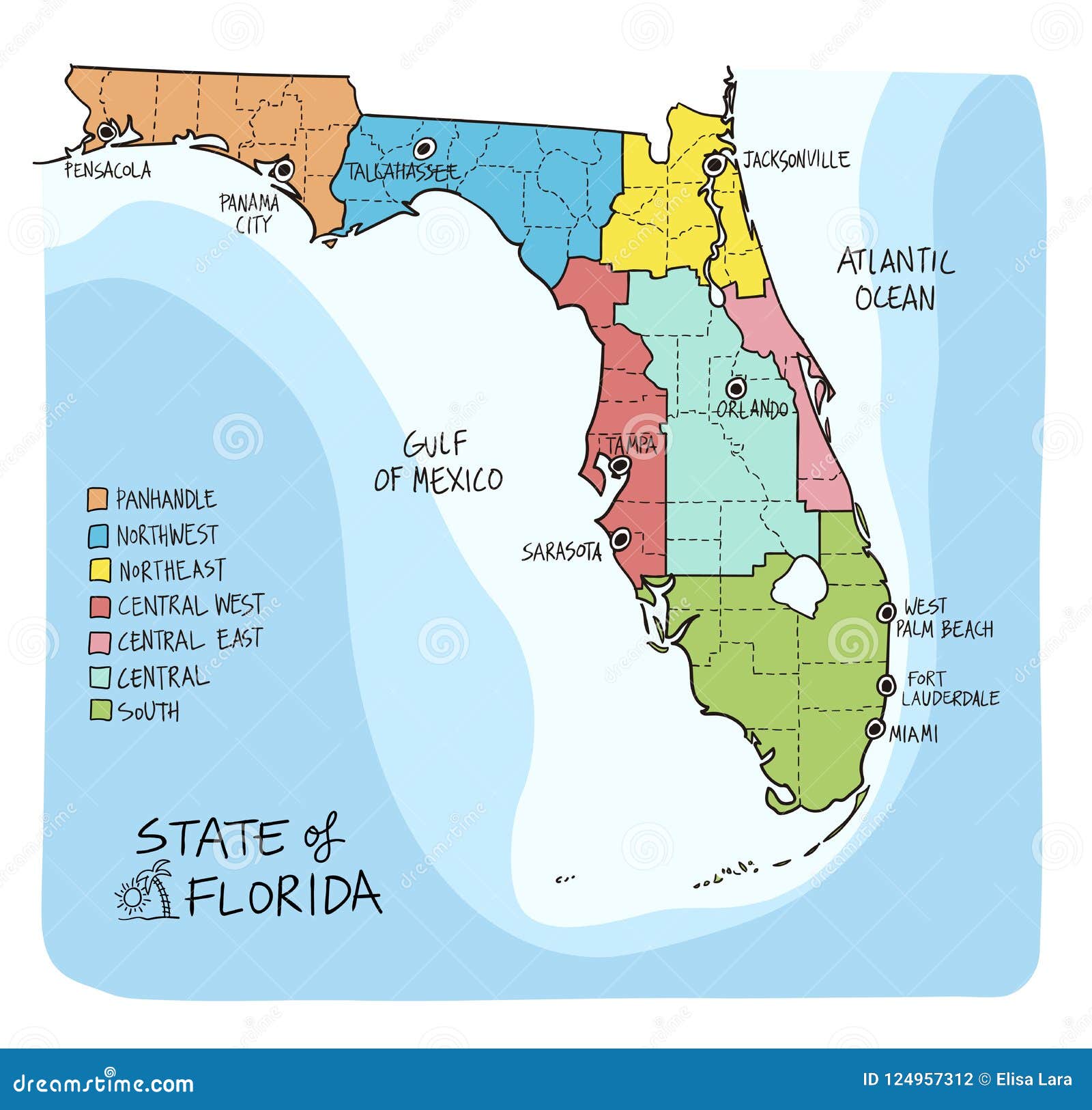 Hand Drawn Map of Florida with Regions and Counties Stock Vector