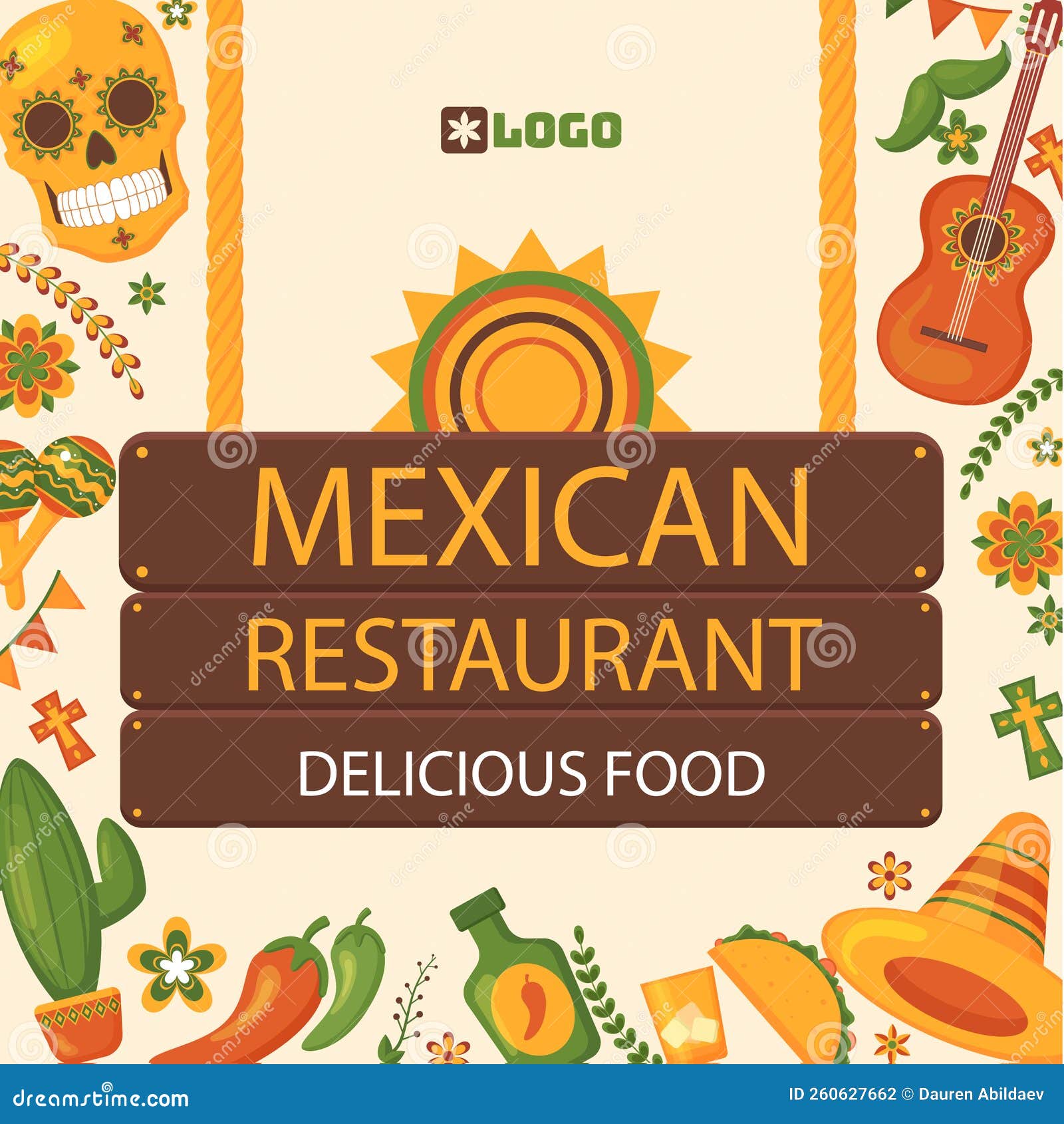 Hand Drawn Mexican Restaurant Post Set Vector Illustration. Stock