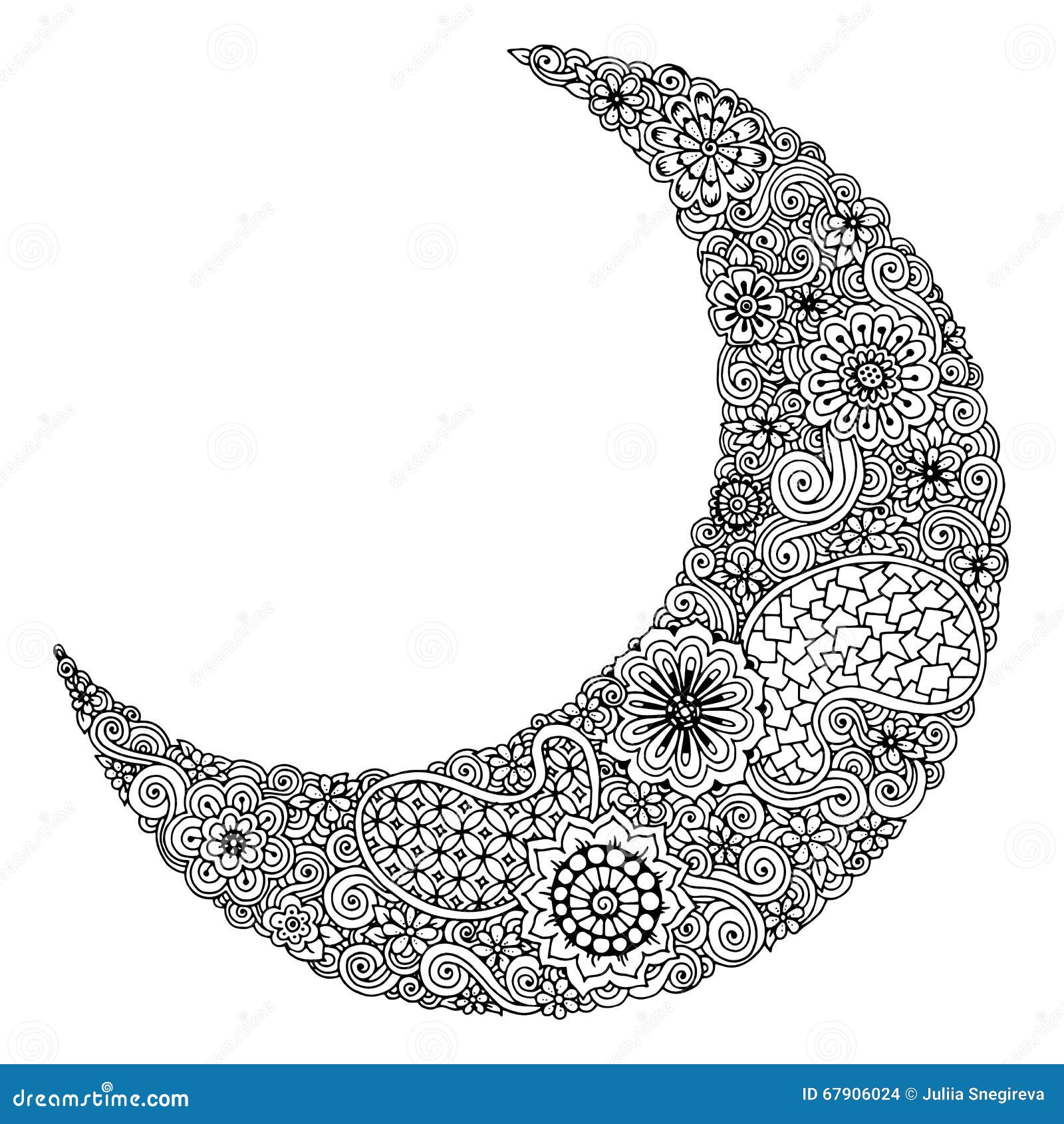 Hand Drawn Moon with Flowers, Mandalas and Paisley. Black and White ...